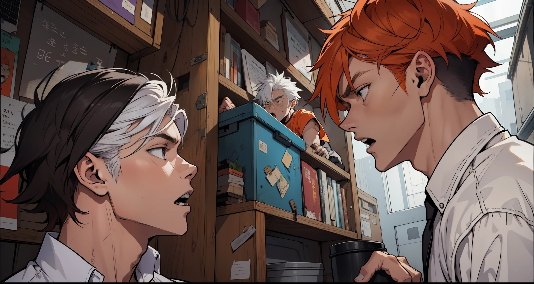 There are two -yelds ang, they are a little upset, one has white hair, the other has orange hair, and is serious. A 15-year-olboyues w his friend, his hair is violet, yells at him, hits him in the face.