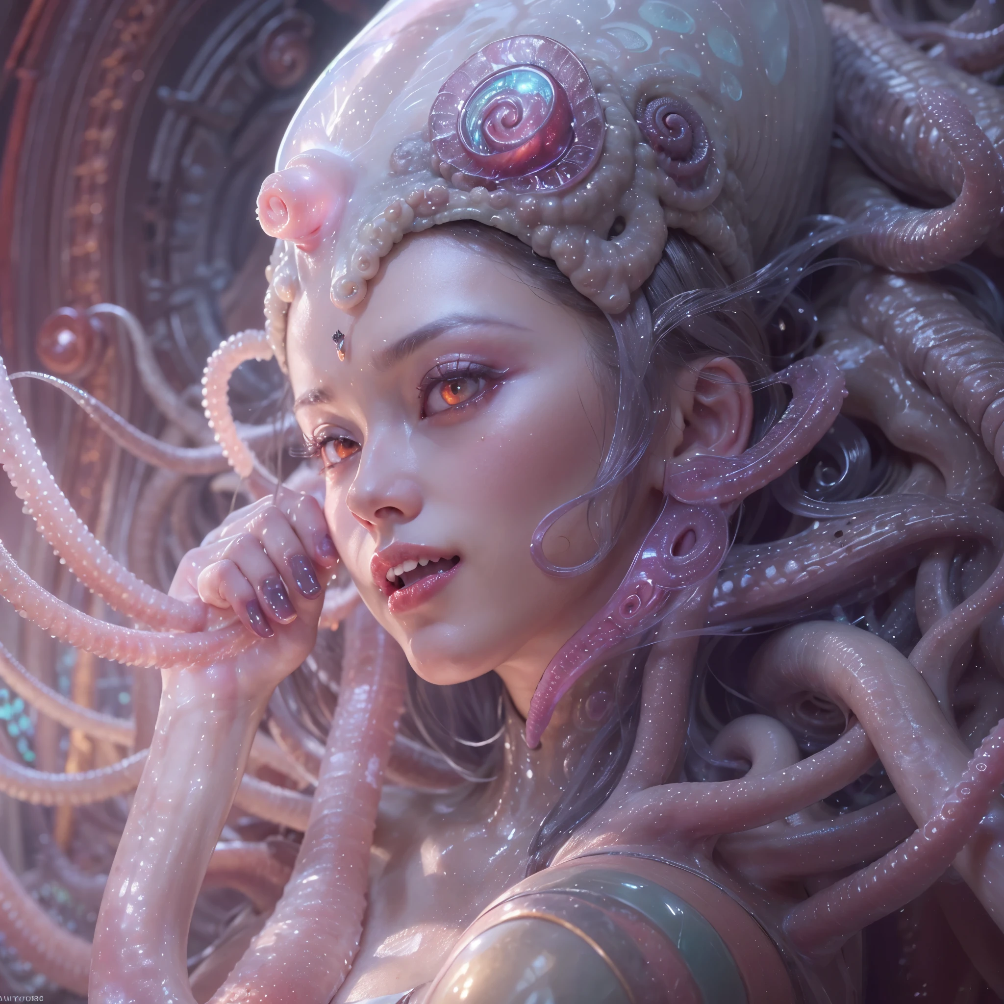 (1 beautiful and obscene female alien:1.4), (There is a female genital-like organ in the middle of her forehead:1.95), SHe has medusa-like hair, (there are lots of translucent tentacles from her head like her hair:1.8), (vulgarity1.7), (she is looking at viewers with glowing red eyes with no pupils:1.8), (She has translucent pale skin:1.7),(She has the most beautiful face in the history of the universe:1.2), (She has multiple bioluminescent organs on the side of her tentacles:1.4), (Her body is covered with an iridescent exoskeleton:1.6), (She is showing her arm pits:1.4), an evil gaze that seduces, (large mouth:1.1), (sharp teeth like a vampire:1.2), Full body portrait, (bio luminescent:1.5), (Smile wickedly:1.3), (sexypose:1.5), alien, No humans, cells are fused, extraterrestrial, cell, bio image, ultra high resolution, (photos realistic:1.7), (Numerous award-winning masterpieces, with incredible detail, textures and maximum detail), High freshness, Dramatic Lighting, cinematic quality, (exquisite details:1.2), High freshness, drawing faithfully, (Thick eyebrows:1.2), Beautiful eyes with fine symmetry,(Highly detailed face and eyes:1.2),(Super detailed skin quality feeling:1.4), perfect anatomy, (Beautiful toned body:1.5), (Moist skin:1.2), not wearing makeup, (dark circles:1.1), long canines, cinematic drawing of characters, cinematic quality, (exquisite details:1.2), high resolution, High freshness, drawing faithfully, official art, Unity 8K Wall paper, ultra detailed artistic photography, midnight aura, unreal engine 5, Ultra Sharp Focus, art by Amano Yoshitaka, ArtGerm, Roisch, intricate artwork,ultra realistic realism, dream-like, Creation of fantasy, dream Snail, (biopunk nautilus:1.3),Thrilling color schemes, seductively smiling, Amazing mutation, well-proportioned body, goddess of the deep sea, fractal, Geometric pattern, impossible figures,(asymmetry:1.4), (white tentacles with blue stripes:1.4), subtle emerald green accents, (expression of ecstasy:1.6)