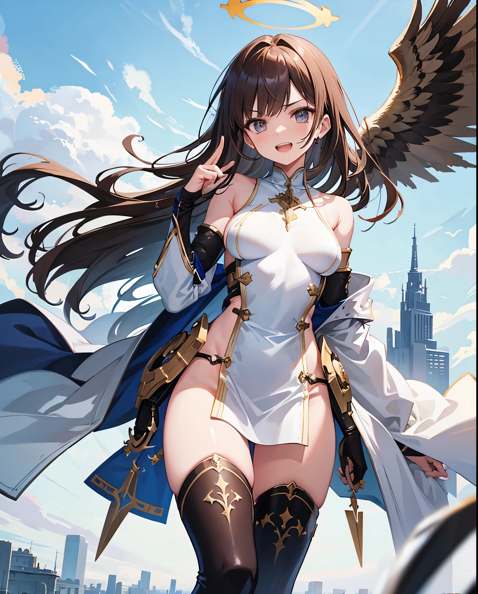 fantasy, 1angel_girl,, ,brown_hair, medium_bob_hair, long_bangs, halo,bare_shoulder,thighhighs,silver_armor, waist_armor, large_breasts,angry,grinning,open_mouth_teeth, 1pair_wings, dynamic_pose_fighting,floating, bare_crotch, headgear,gauntlet, greaves,city_sky_background,slightly_spread_legs, solo, groin_naked,