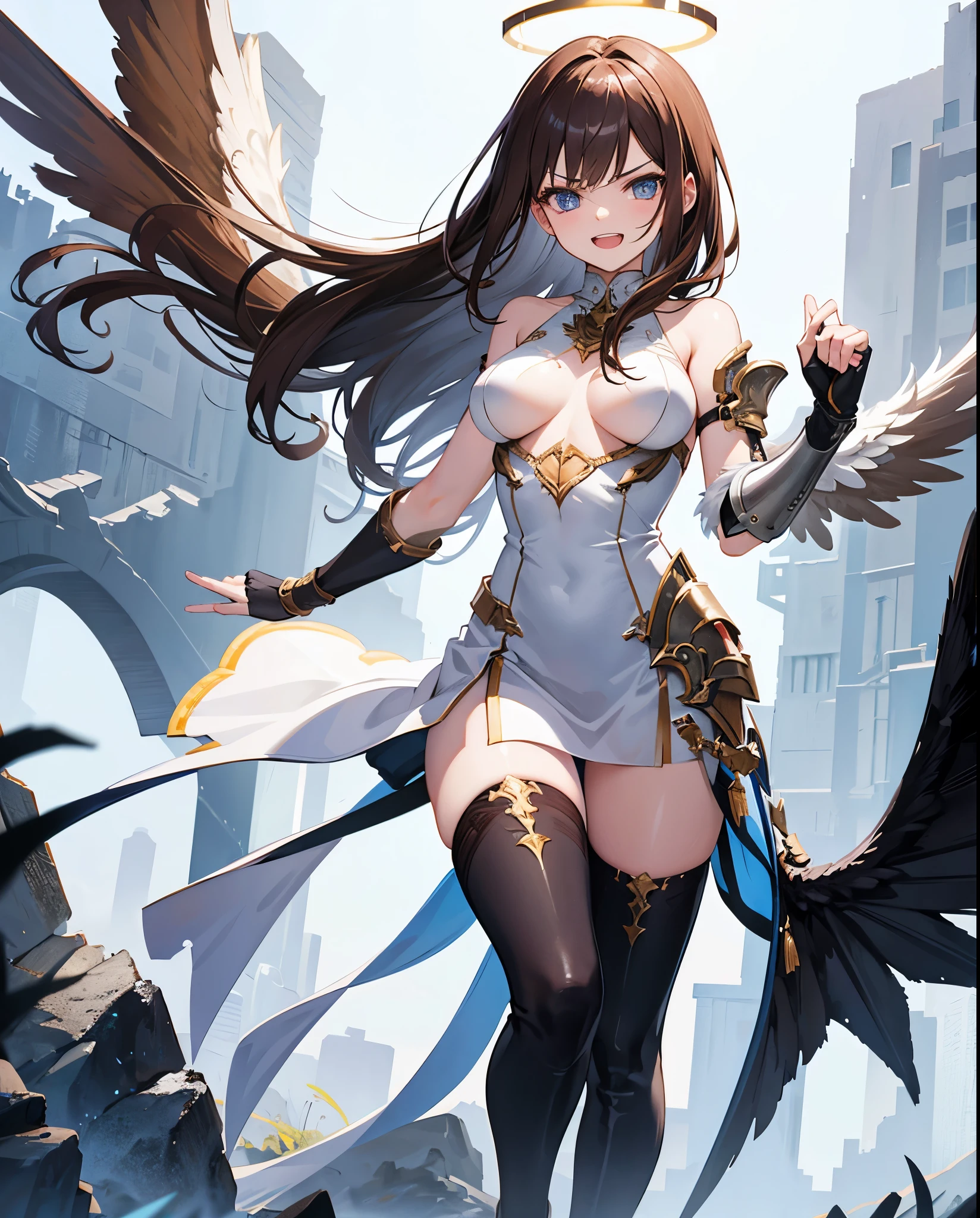 fantasy, 1angel_girl,, ,brown_hair, medium_bob_hair, long_bangs, halo,bare_shoulder,thighhighs,silver_armor, waist_armor, large_breasts,angry,grinning,open_mouth_teeth, 1pair_wings, dynamic_pose_fighting,floating, bare_crotch, headgear,gauntlet, greaves,city_sky_background,slightly_spread_legs, solo, groin_naked,