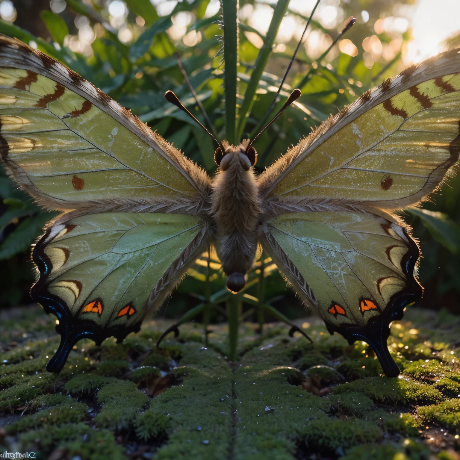 (((masterpiece))),(best quality),((ultra-detailed)),professional,gimicalmas,50mm photograph, butterfly ,dew on a moss, with a sunrise in the background,macro_shot,colorful details,natural lighting,amazing composition,subsurface scattering,amazing textures, soft light,bokeh, 3D, 32K, vivid, vibrant , highly textured