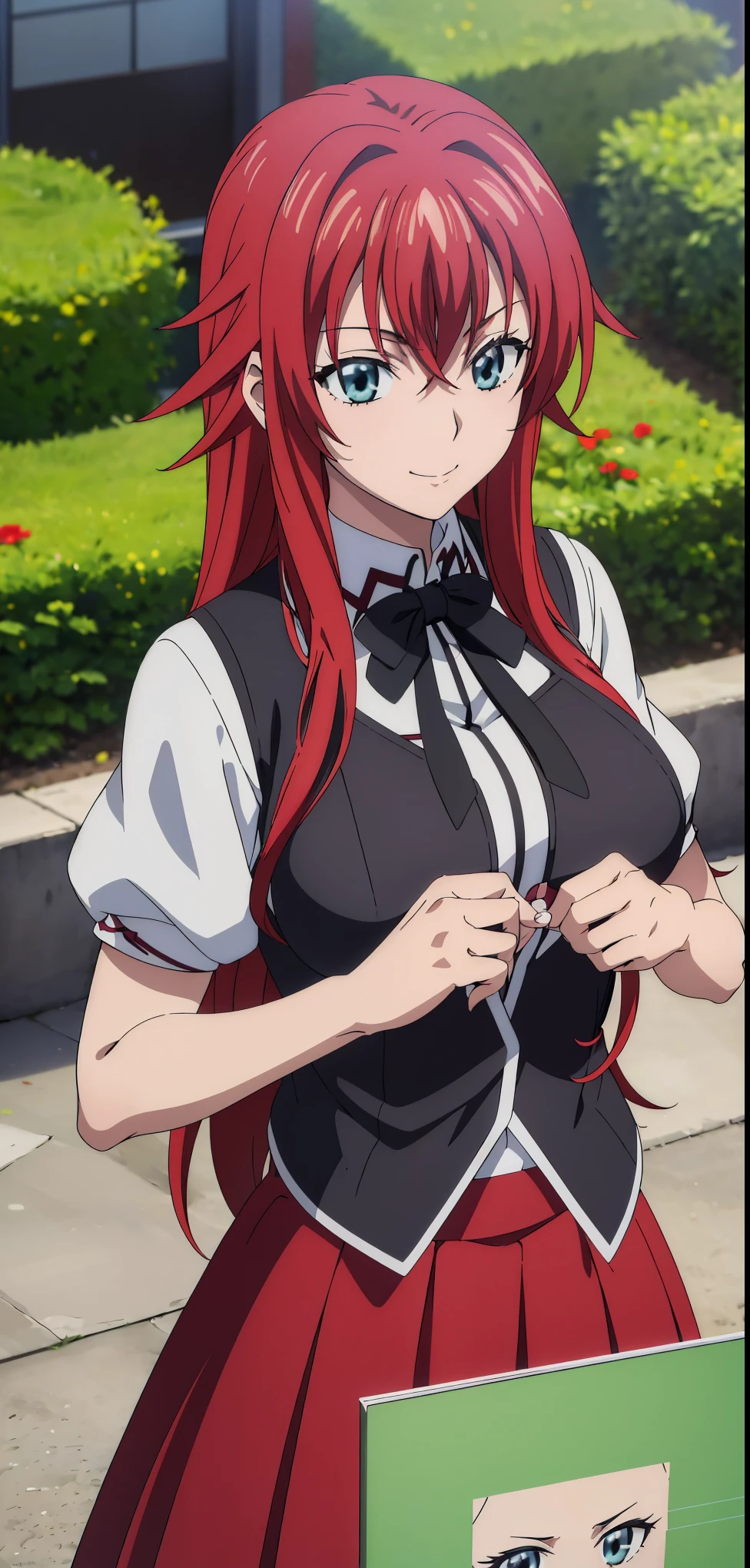 (((picture perfect))), (absurdres), 1girl, solo, rias gremory, school uniform, red skirt, looking at viewer, smile, (((upper body)))