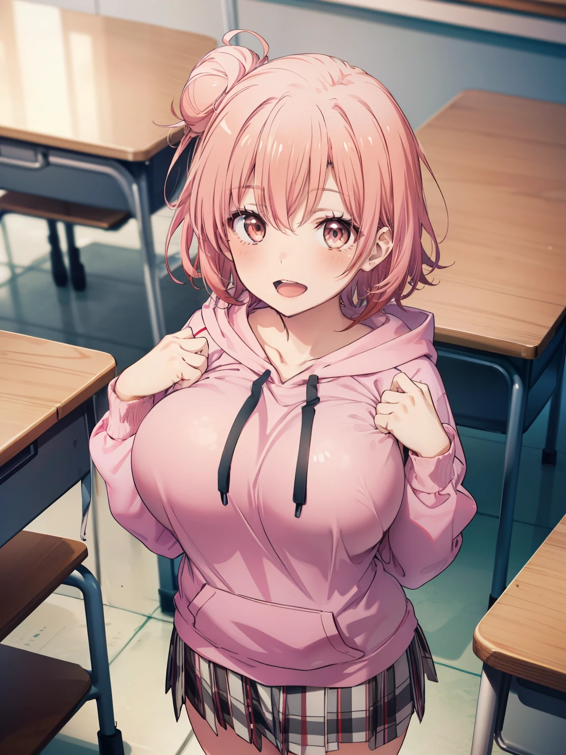 Yuigahama Yui, short hair, brown eyes, Pink hair, single bun hair,
looking at viewer,
(masterpiece), highest quality, High resolution, unity 8k wallpaper, (perfect anatomy:1.2),
blush, smile,
(huge breasts:1.3), classroom,
(magenta hoodie), checked skirt,
open mouth,
focus breasts, from above,