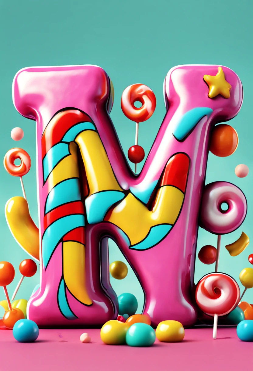 (A whimsical and playful font design with characters that appear to be made from candy, complete with glossy textures and bright, vivid colors), Digital Illustration, Pop Art style, Taking inspiration from Roy Lichtenstein, (Camera: Macro Lens, Shot: Close-Up, Render: 8K Resolution, Color Type: Fantasy Vivid Colors)