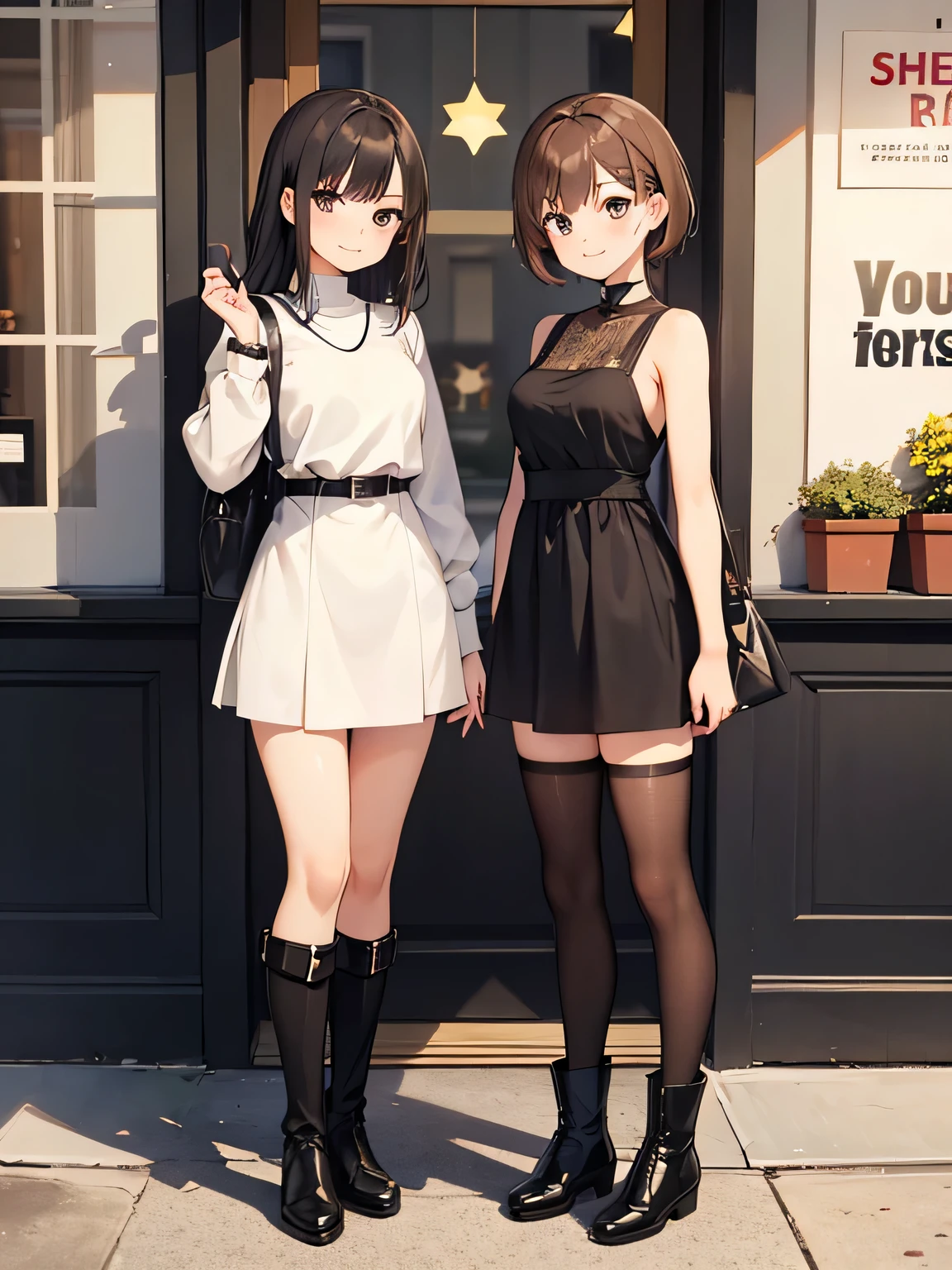 (1) Two women are standing in front of a stylish cafe.
(2) The first woman is a -yeld hischool student with a childish appearance., short black hair, Wearing a mini dress and long boots.
(3) The second woman is a 22-year-old college student with a mature appearance., long brown hair, She is wearing a tight knit mini dress and long boots..
(4) two women smiling.
(5) The season is early autumn.