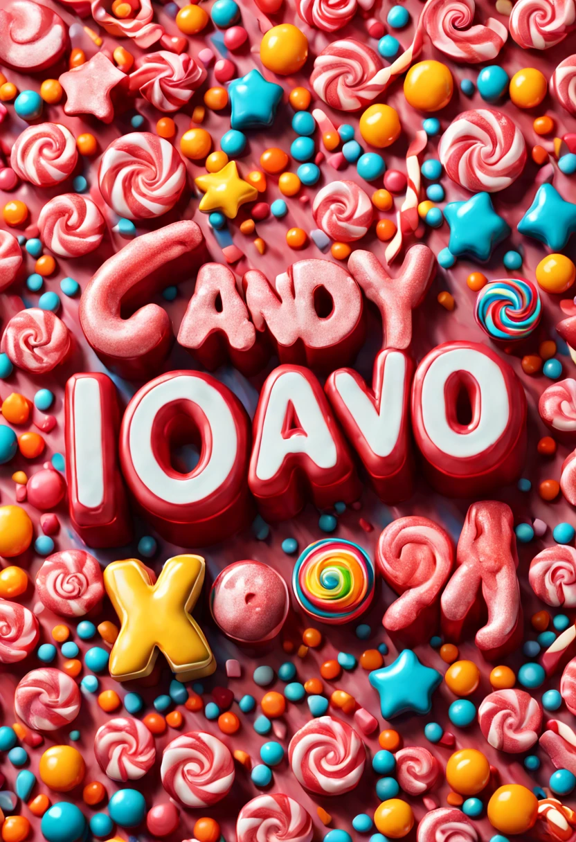 text logo, (A whimsical and playful font design with characters that appear to be made from candy, complete with glossy textures and bright, vivid colors), Digital Illustration, Pop Art style, Taking inspiration from Roy Lichtenstein, (Camera: Macro Lens, Shot: Close-Up, Render: 8K Resolution, Color Type: Fantasy Vivid Colors)