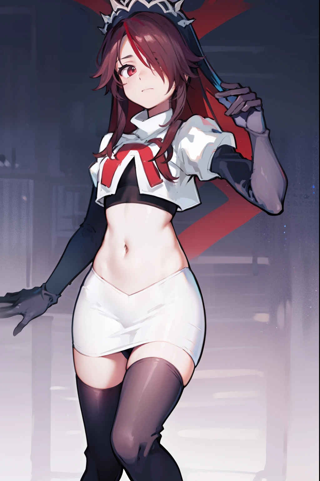 rosariarnd, hair over one eye,team rocket,team rocket uniform, red letter R, white skirt,white crop top,black thigh-highs,black elbow gloves