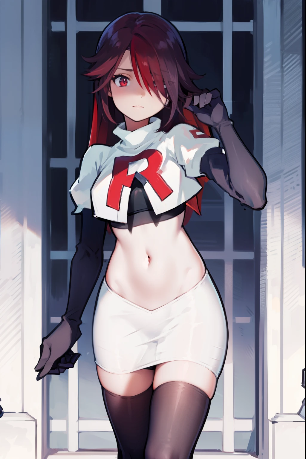 rosariarnd, hair over one eye,team rocket,team rocket uniform, red letter R, white skirt,white crop top,black thigh-highs,black elbow gloves