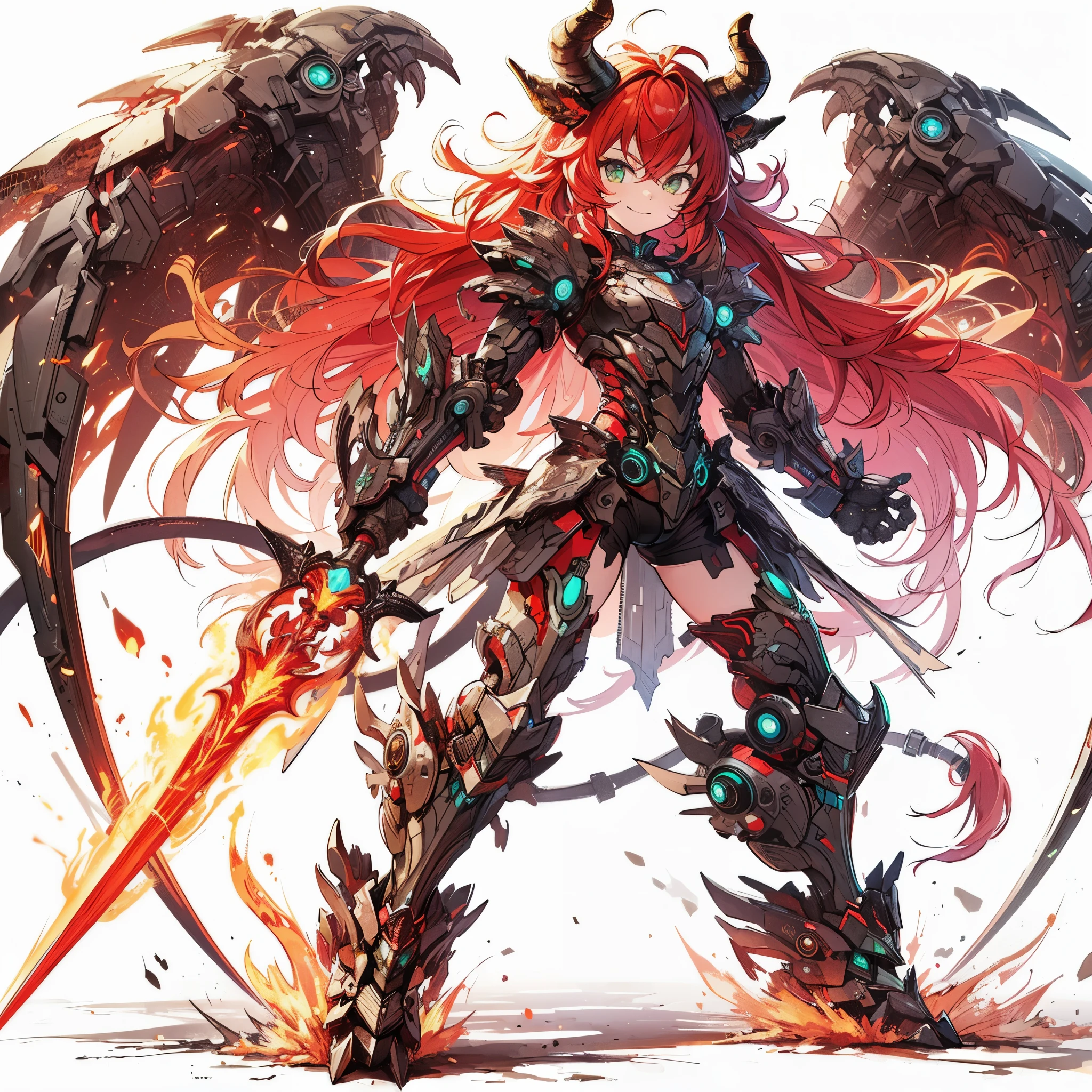 (Masterpiece, top quality), (perfect athlete body: 1.2), (detailed hair), ultra detailed, anime style, full body, solo, cyberpunk lady knight with mechanize lion ears, red mane and green eyes, bull horns, spread mechanize wings, boyish appearance, holding a flaming sword, wearing battle armor and battle boots, standing of wasteland, white background, whole body, supernatural flame and lightning. winning smile
