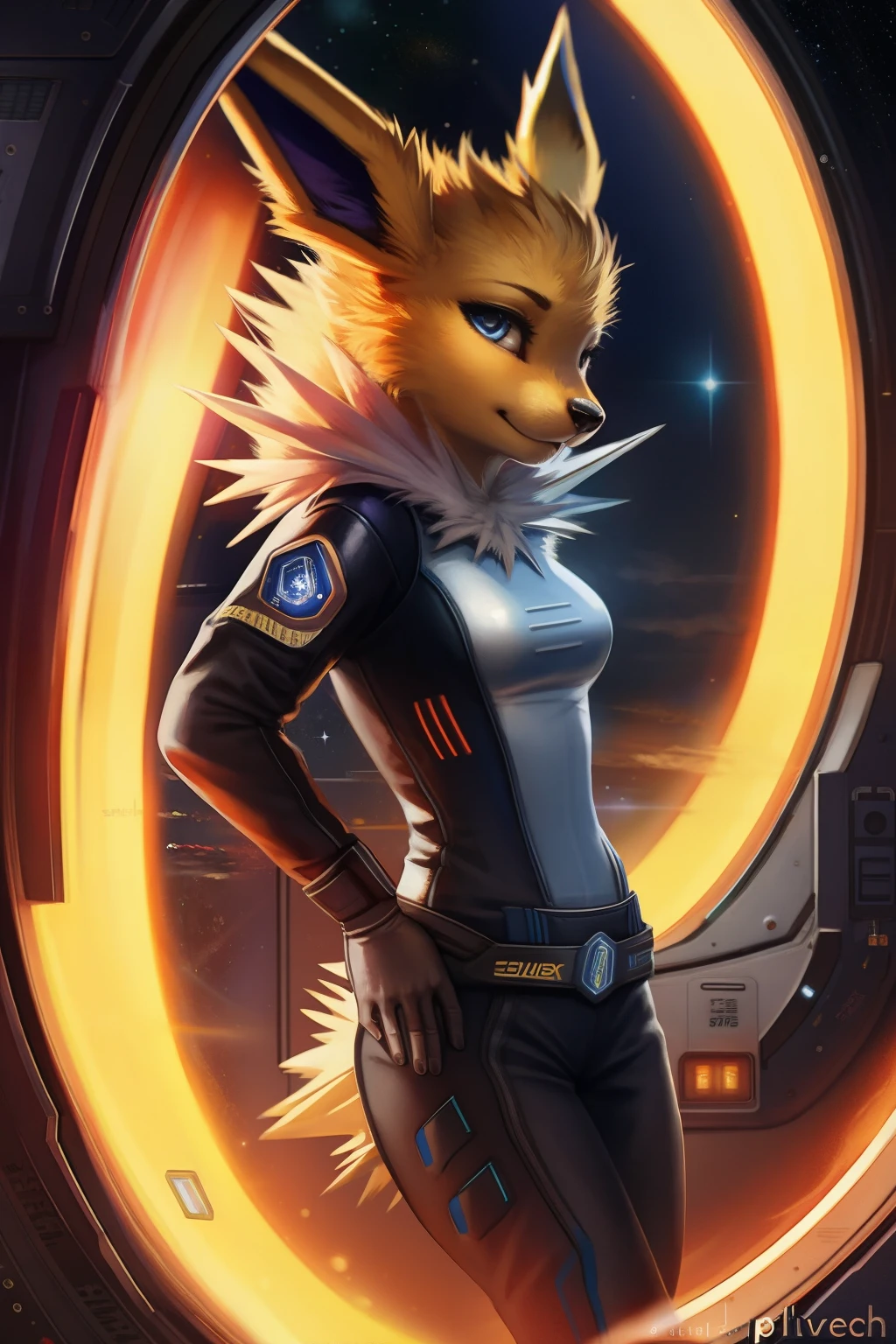 Female jolteon wearing tight space suit,space marine uniform,jolteon fur,beautiful furry art,standing close to space ship window glass with glow frame,space ship room background:1.2,art by silverfox,art by pixelsketcher, slim,beautiful hands,sky blue eyes,black hand gloves,high details fur,high details,iper realistic space marine uniform ,scifi belt,high quality artwork,masterpiece,seethrought grass effect portrait,jolteon tail,jolteon waist fur,black tight aviator jacket