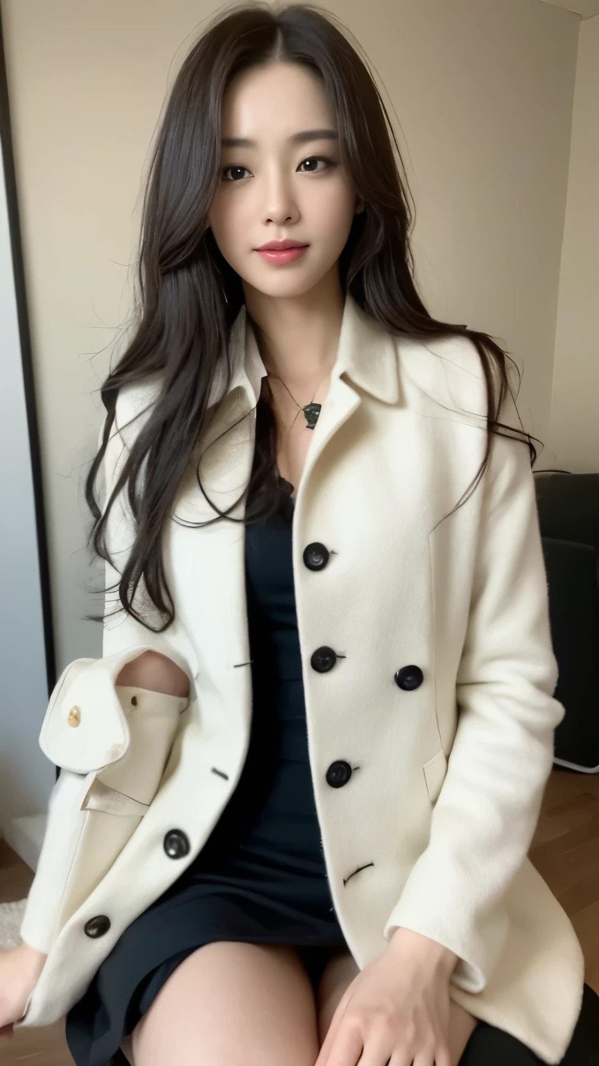 ((top-quality、8k、​masterpiece:1.3))、Beautiful woman with perfect body:1.4、slim abdomen:1.2、Longhair, normal breast, Highly detailed facial and skin texture, A detailed eye, delicate eyes, double eyelid, (smile), (full body shot), ((office)), (sitting on chair), (((wearing wwhite uniform with black coat)), looking in front