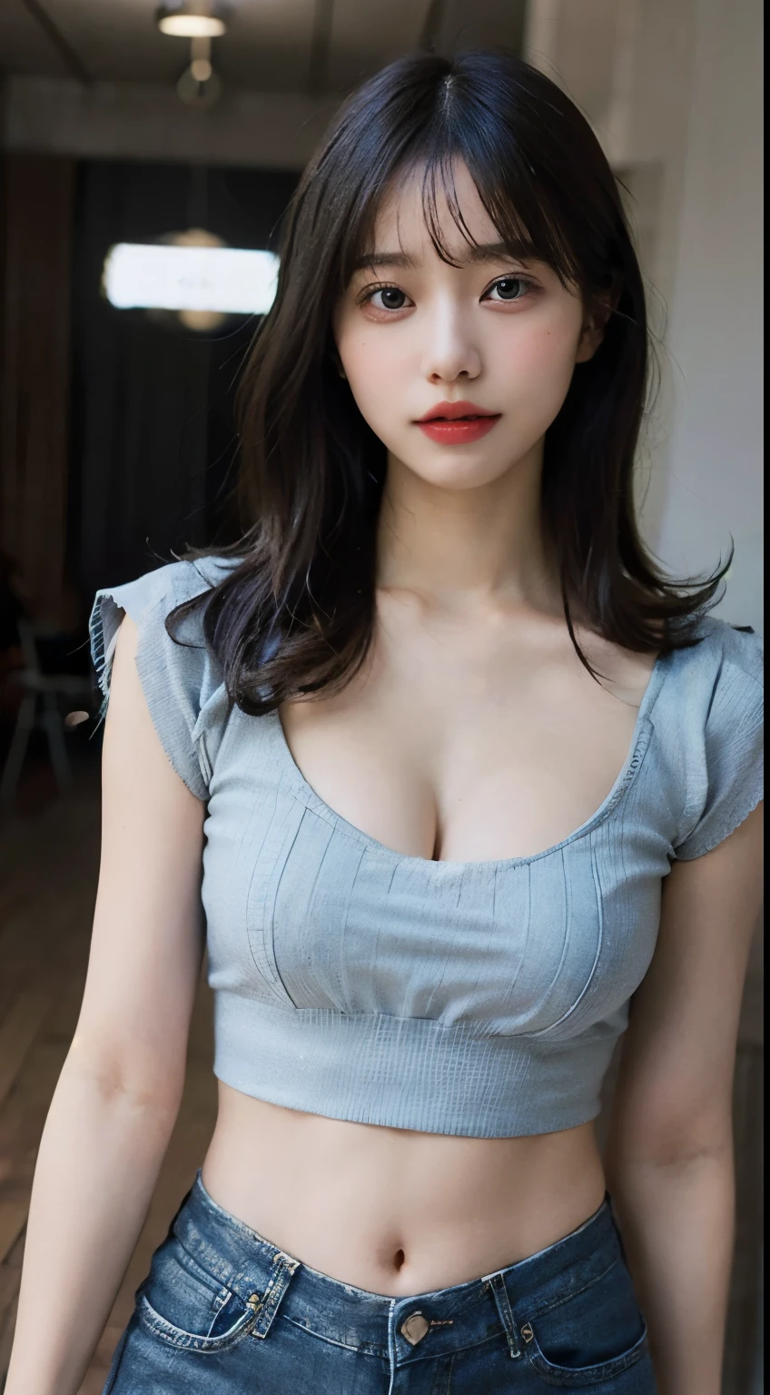 (photorealistic:1.8),(bokeh:0.3),((((film grain)))),(masterpiece:1.2),(highest quality:1.2),8k,raw photo,High-quality texture,detailed texture, Girl in thin low cut camisole and tight denim shorts poses for photo、full body Esbian、Cropped T-shirt、bra very、Slim body、(large breasts, cleavage, indoors)、Slim Girl Model、24歳の女性モデル、Beautiful body Highly detailed face　Facing the front　Navel out　See all Lower abdomen　showing a beautiful belly　Pink Too torn denim shorts　Shabby denim shorts　Thigh exposure　Shabby string camisole　Only the strings are too short camisoles　Denim shorts that are too short　genitals are visible　Low-rise denim shorts　Micro Denim Shorts　Scanty　Denim panties　Show all your beautiful body