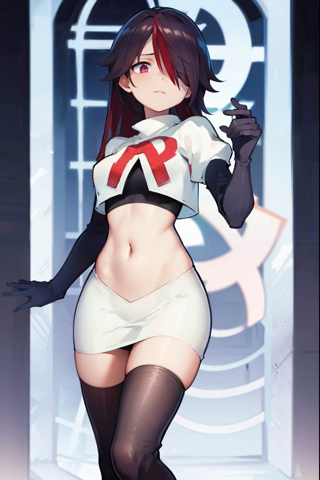 rosariarnd, hair over one eye,team rocket,team rocket uniform, red letter R, white skirt,white crop top,black thigh-highs,black elbow gloves