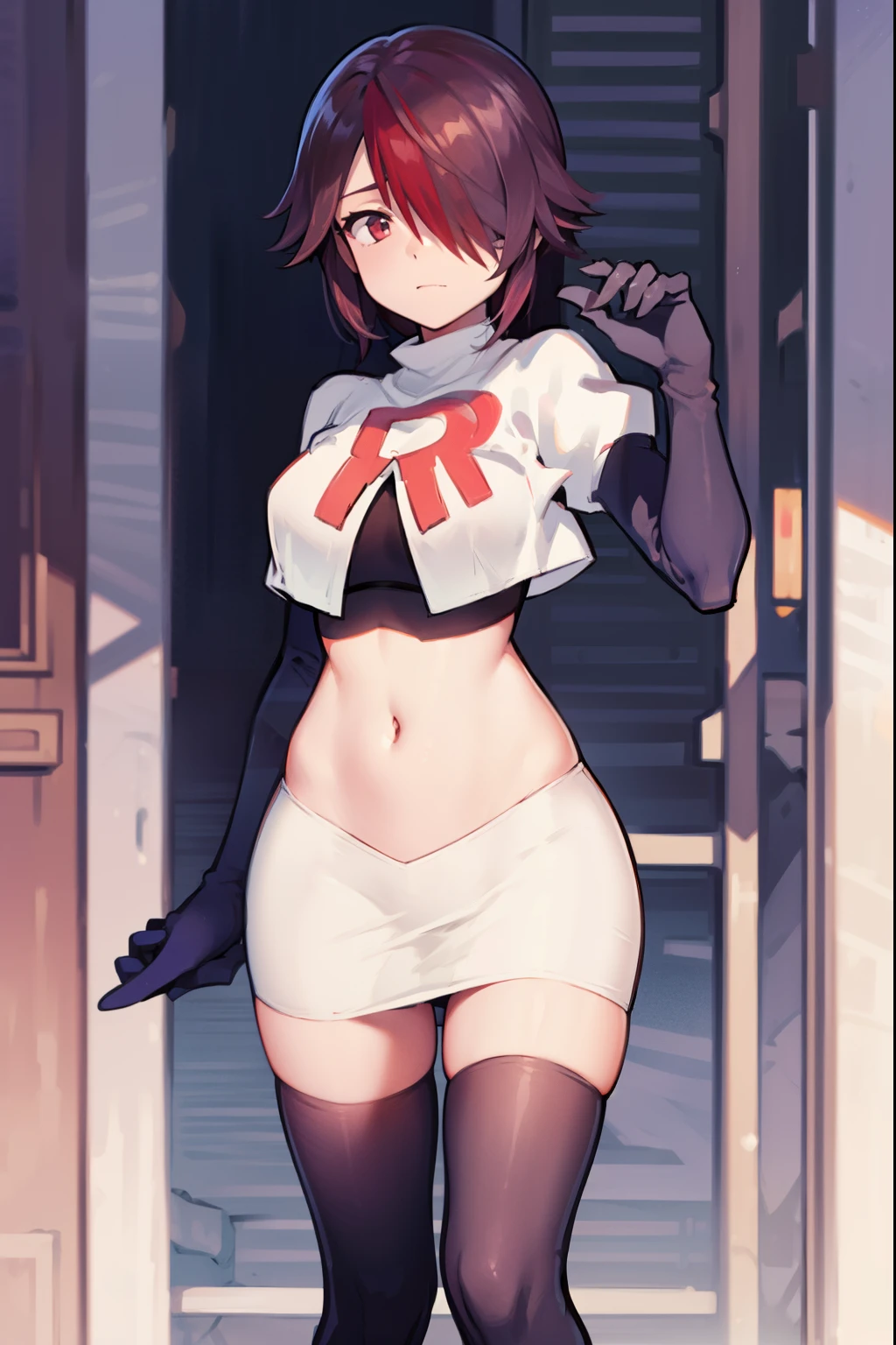 rosariarnd, hair over one eye,team rocket,team rocket uniform, red letter R, white skirt,white crop top,black thigh-highs,black elbow gloves