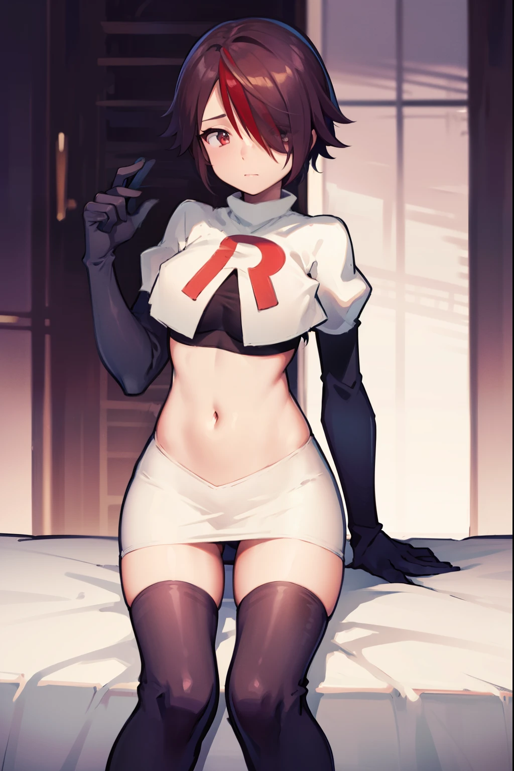 rosariarnd, hair over one eye,team rocket,team rocket uniform, red letter R, white skirt,white crop top,black thigh-highs,black elbow gloves