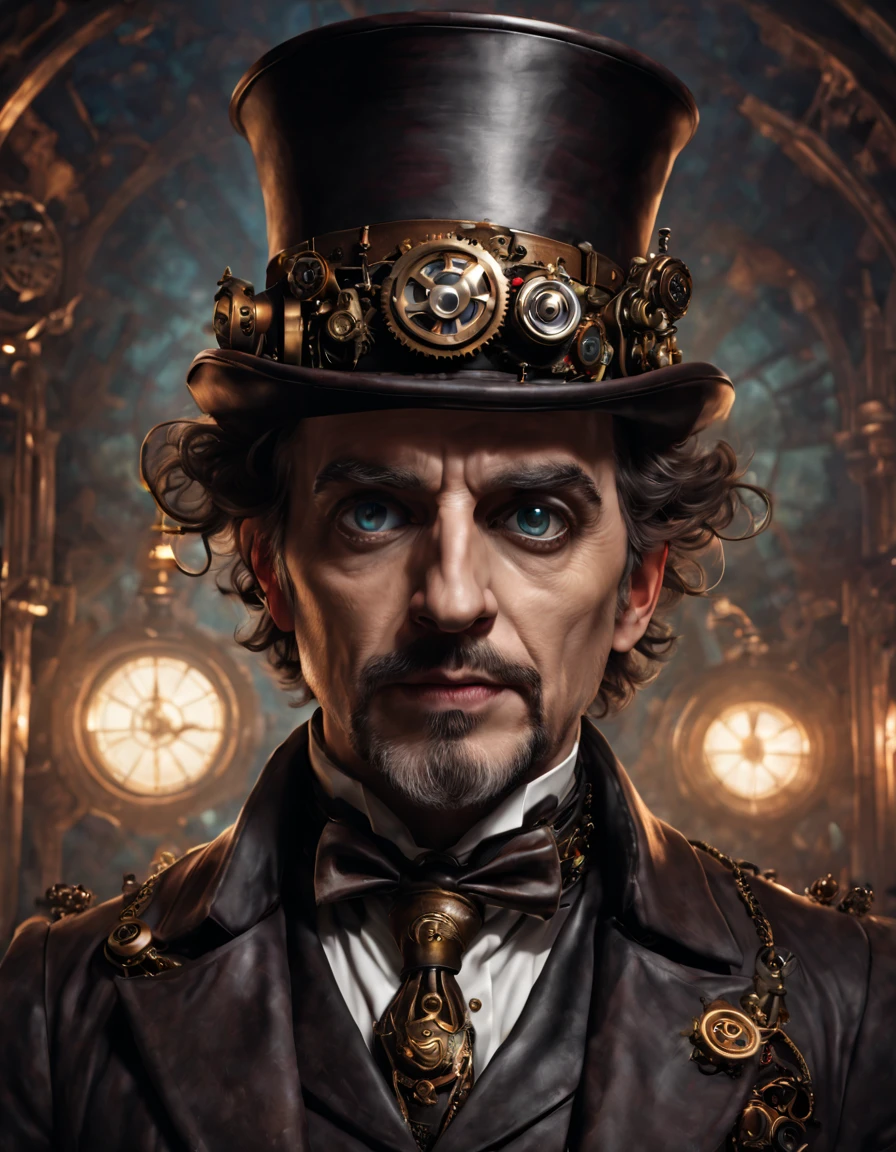 There is a man with a top hat, suit and tie, Steampunk male portrait, Close-up portrait of an artificer, Hyper-detailed fantasy character, Detailed character portrait, Tim Burton (unreal engine, Portrait close-up character portrait, Highly detailed character, Steampunk wizard, cinematic bust portrait, Old cyberpunk, High detail iconic character, Digital steampunk art, artistic character portrait