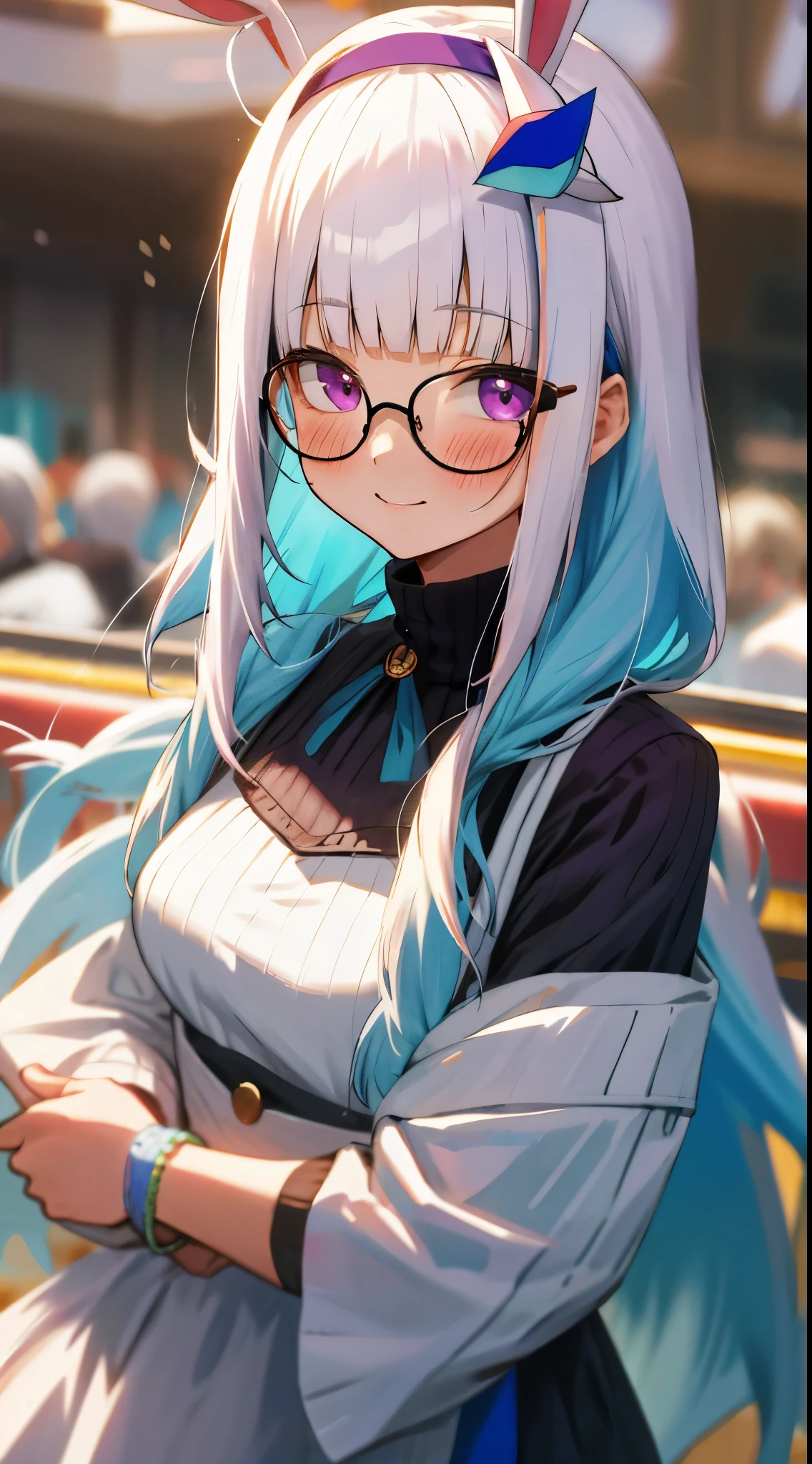 One girl with long hair, blunt bangs, white hair, blue inner hair:1.25) , purple eyes, looking at viewer, blushing, little smile, sweaters, bunny headband, glasses, outdoor, bracelet, dating, standing, Amusement park, dizzy, mid-chest, day atmosphere, hair ornament, medium breasts, upper body, focus, blurry background