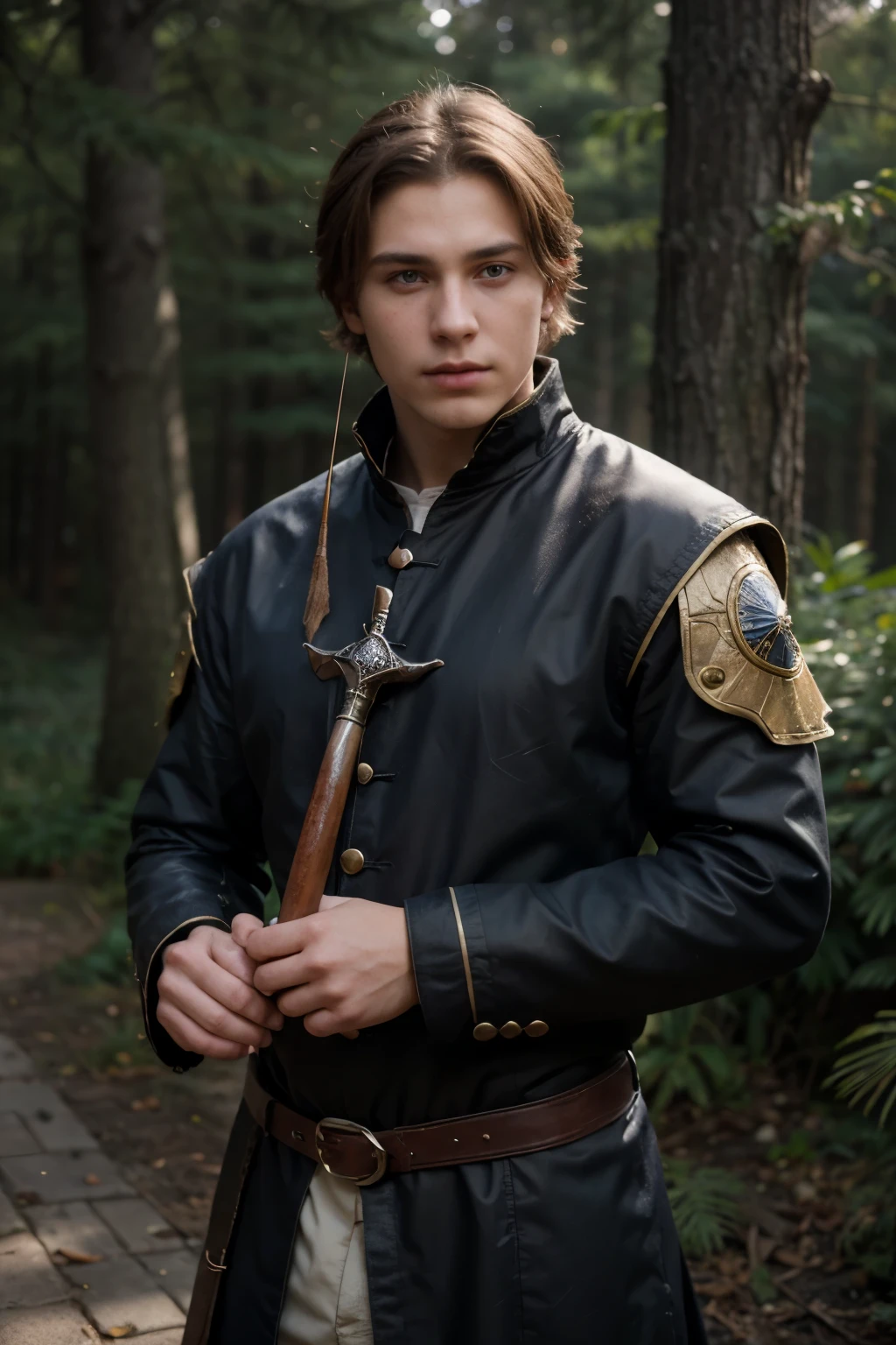 ((best quality)), ((masterpiece)), (detailed), perfect face, An 18-year old male from dark fantasy, medival world. Light brown hair, blue eyes, medium height. He is a wizard apprentice of pyromancy magic school. He is a charismatic.He has big, strong, muscular legs. Big hands. Staff in one hand. Book and sachel on his side. Dagger on his side. Regular clothes, regular looking guy. Scar on his left cheek from an arrow.
Full picture, 4k resolution, realistic, dark forest background.