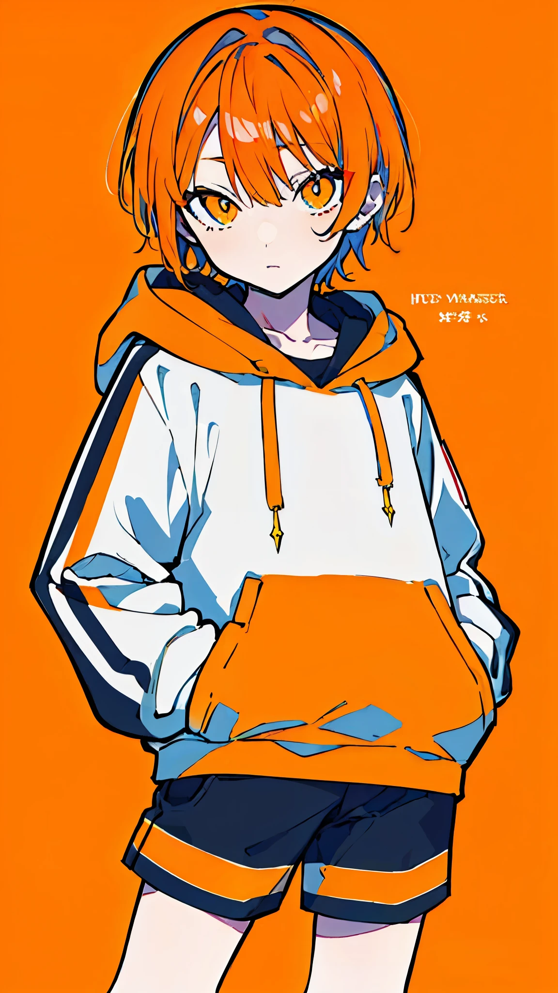 (masterpiece, highest quality:1.6), alone, thick outline, (simple background, bright orange background, monochrome, beautiful orange theme:1.2), official art, Key Visual, 8k, confused, whole body, (unique hair, oversized hoodie, hot pants, wearing a hood, arch back, short torso:1.2), belly button, thighs, cowboy shot, HDR, sharp focus, High resolution, most detailed, very detailed, Super detailed, finely, detailed eyes and face, sharp pupils, realistic student, alone, orange and white contrast ratio, alone, put one&#39;s hand in one&#39;s pocket
