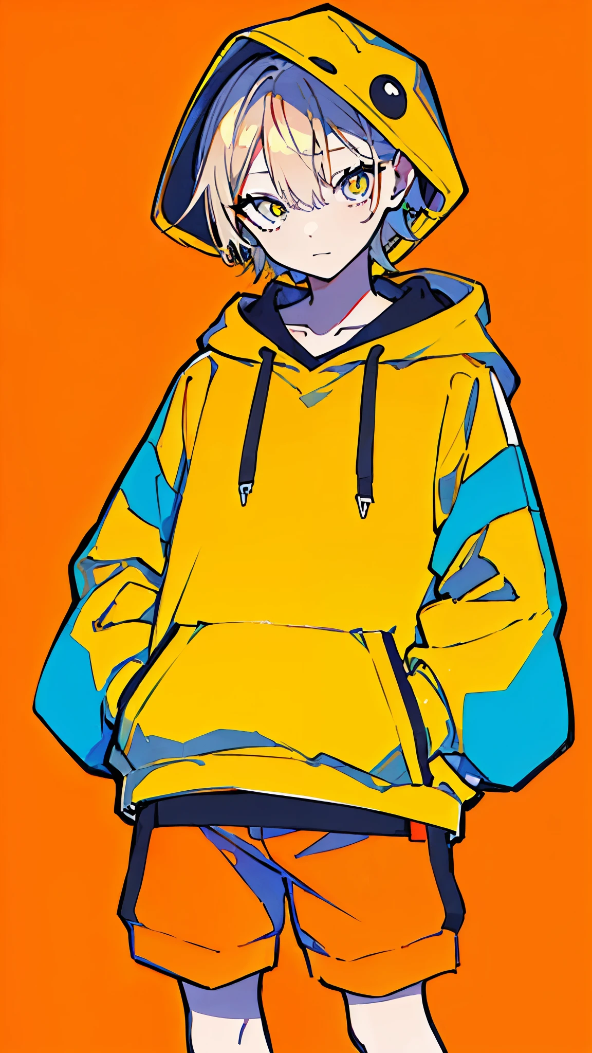 (masterpiece, highest quality:1.6), alone, thick outline, (simple background, bright orange background, monochrome, beautiful orange theme:1.2), official art, Key Visual, 8k, confused, whole body, (unique hair, oversized hoodie, hot pants, wearing a hood, arch back, short torso:1.2), belly button, thighs, cowboy shot, HDR, sharp focus, High resolution, most detailed, very detailed, Super detailed, finely, detailed eyes and face, sharp pupils, realistic student, alone, orange and white contrast ratio, alone, put one's hand in one's pocket