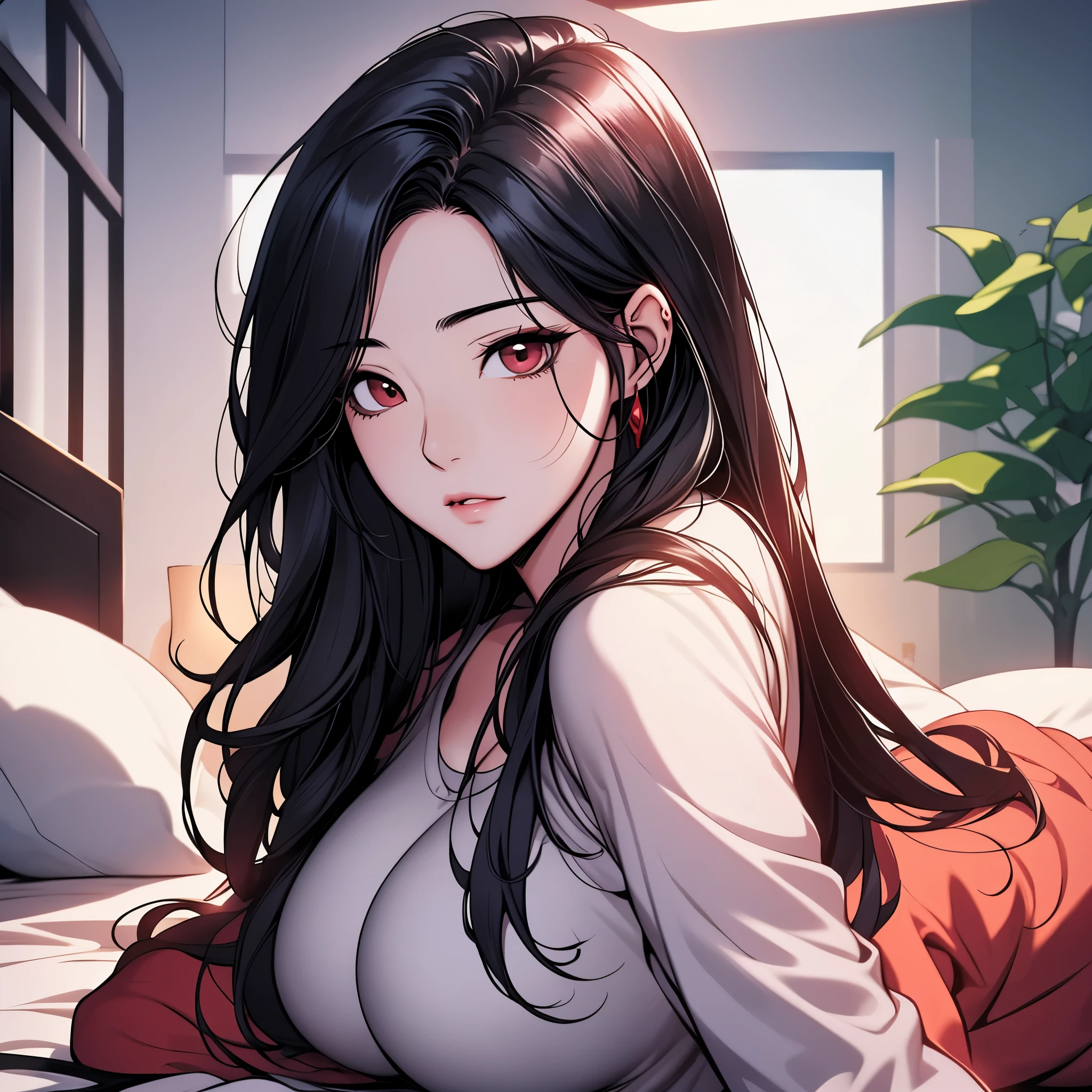 calidad superior, Obra maestra, Ultra high resolution, Manhwa type illustration of a Korean girl with black hair., ojos negros, acostado en una cama y solo usando ropa interior roja. Tetas grandes 