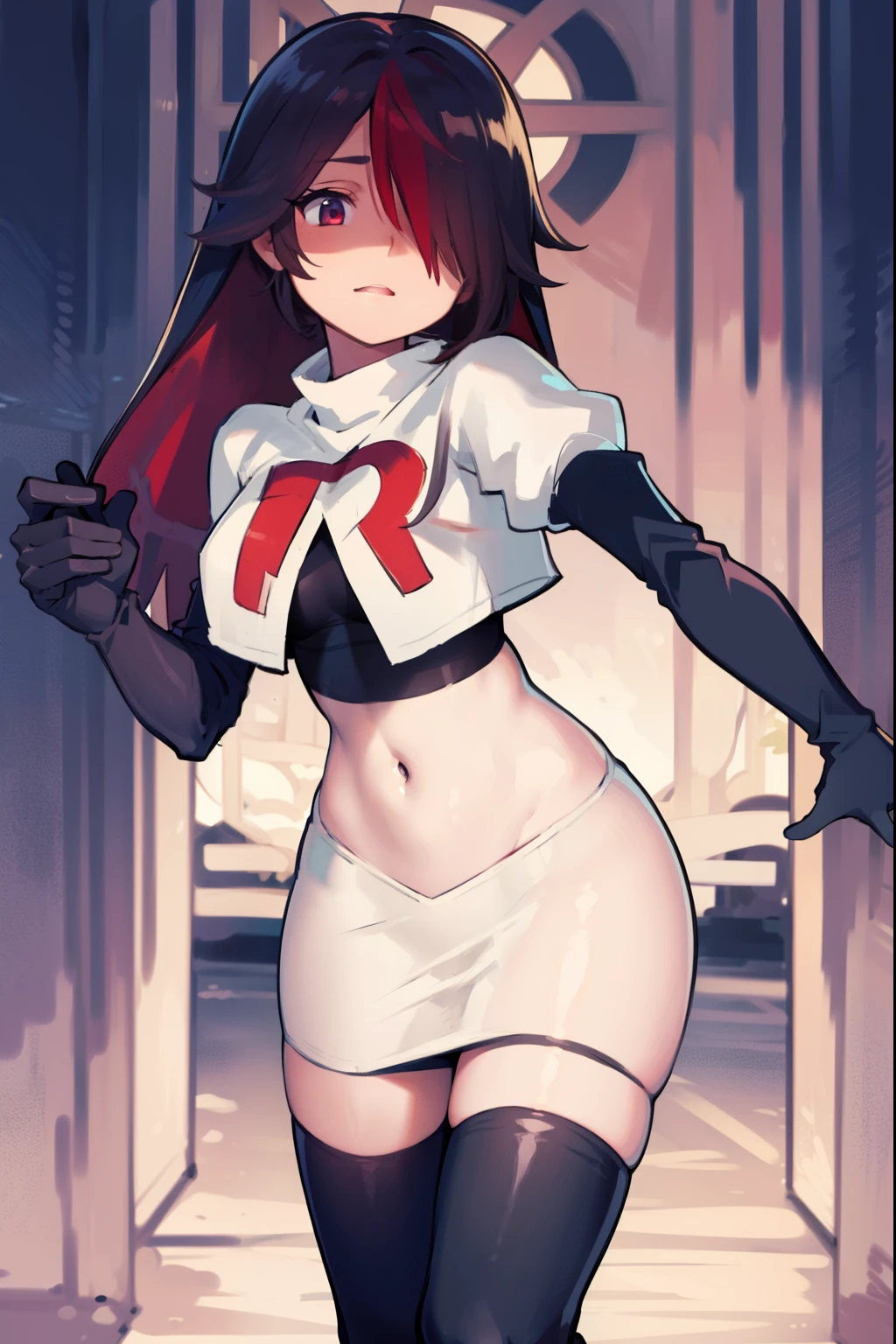 rosariarnd, hair over one eye,team rocket,team rocket uniform, red letter R, white skirt,white crop top,black thigh-highs,black elbow gloves