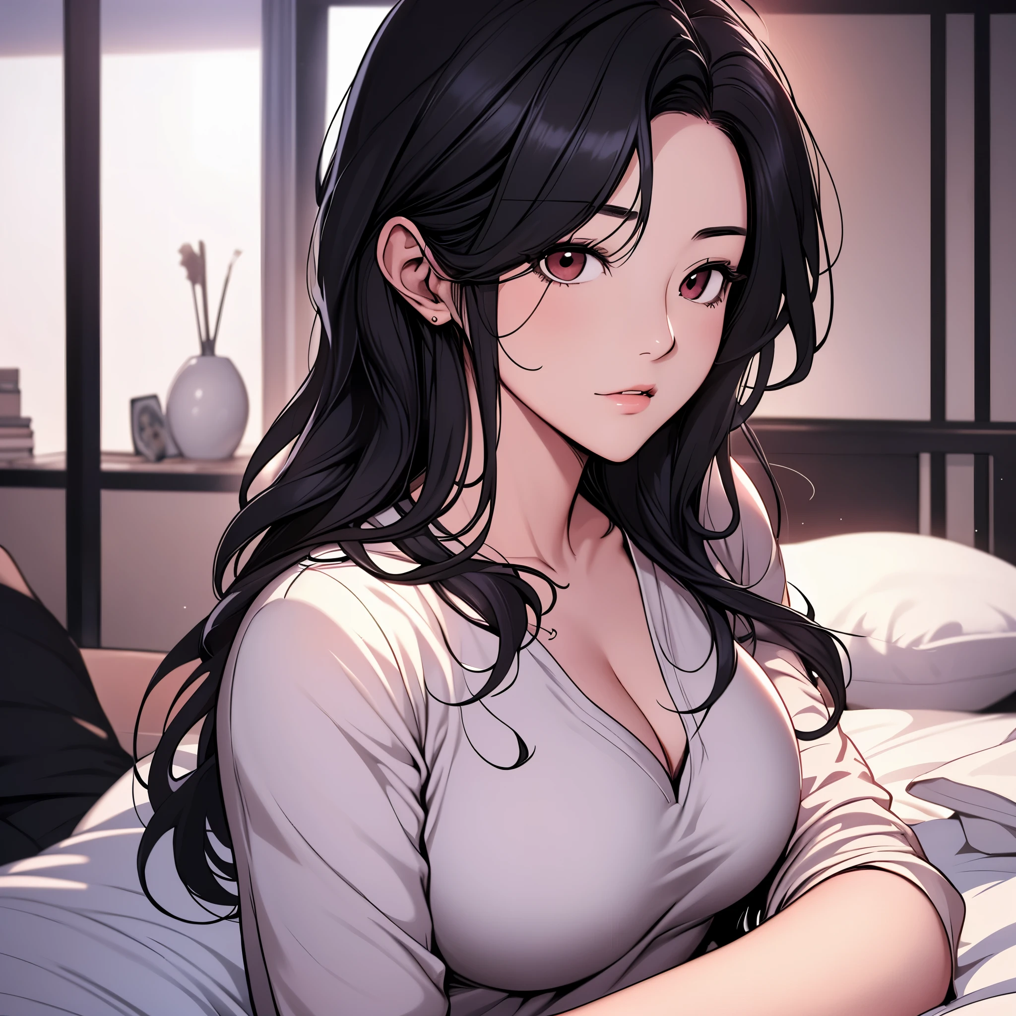 calidad superior, Obra maestra, Ultra high resolution, Manhwa type illustration of a Korean girl with black hair., ojos negros, acostado en una cama y solo usando ropa interior roja. Tetas grandes 