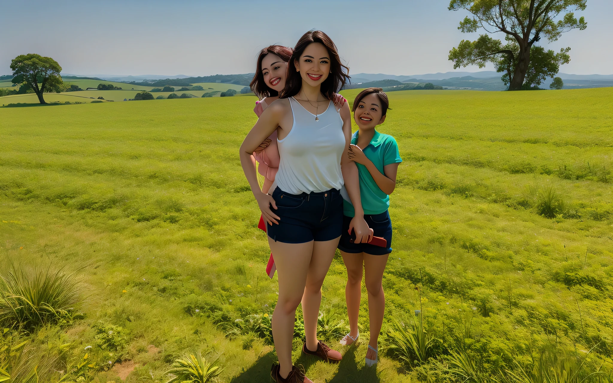 there are two women standing no campo with a , em um grande campo gramado verde, 3 Brazilian mother of 5 years, em um campo verde aberto, no meio de um campo, no campo, na zona rural, pose divertida, em um campo gramado , em uma colina verde, em um campo de grama, cena maravilhosa. Uma mulher com pele branca e cabelos escuros. ela tem cerca de 35 anos. Her slightly plump, red lips are like a delicate flower, o marrom escuro dela, olhos grandes e encantadores parecem conter um mundo de maravilhas. Corpo fino. cintura fina. Your body exudes glamor and your face is the definition of beauty. Teste, altamente realista, Pele avermelhada, lindo, slightly full lips, batom vermelho, sorridente, feeling of lightness and joy, hiperrealismo, pele muito elaborada, olhar direto. foto de corpo inteiro, foto clara, alta qualidade, high resolution, obra de arte, 8K.