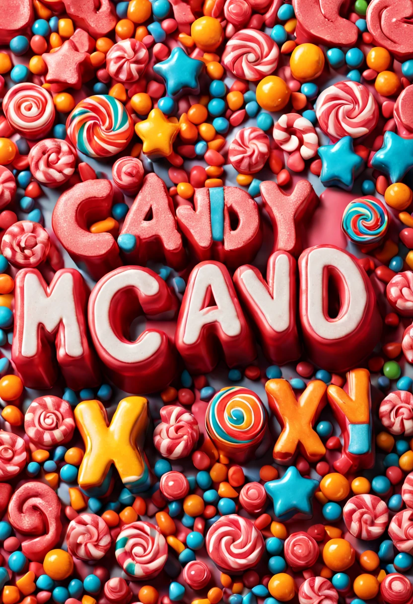 text logo, (A whimsical and playful font design with characters that appear to be made from candy, complete with glossy textures and bright, vivid colors), Digital Illustration, Pop Art style, Taking inspiration from Roy Lichtenstein, (Camera: Macro Lens, Shot: Close-Up, Render: 8K Resolution, Color Type: Fantasy Vivid Colors)