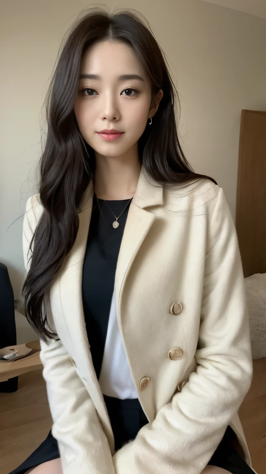 ((top-quality、8k、masterpiece:1.3))、Beautiful woman with perfect body:1.4、slim abdomen:1.2、Longhair, normal breast, Highly detailed facial and skin texture, A detailed eye, delicate eyes, double eyelid, (smile), (full body shot), ((office)), (sitting on chair), (((wearing wwhite uniform with black coat)), looking in front