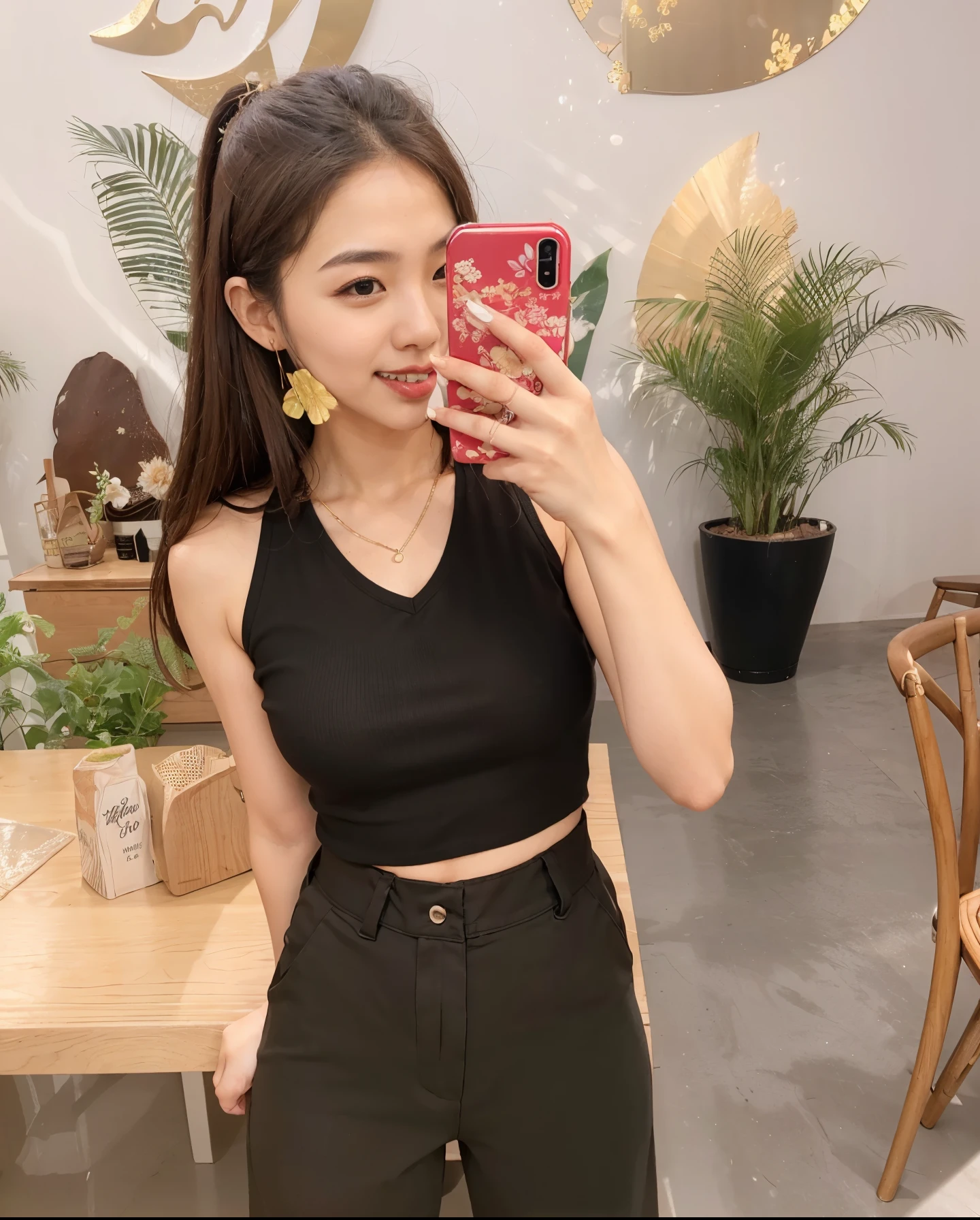 8k, original photo, lifelike, masterpiece, Super details, Singapore, there is a woman taking a selfie in a Green top, Wearing a green short vest, Wearing a green short vest, She is wearing a green vest, tight green vest, Green top, Wearing a sexy crop top, Green camisole vest, 穿着Green camisole vest套装, thin waist, Beautiful young Korean woman, crop top, thin waist