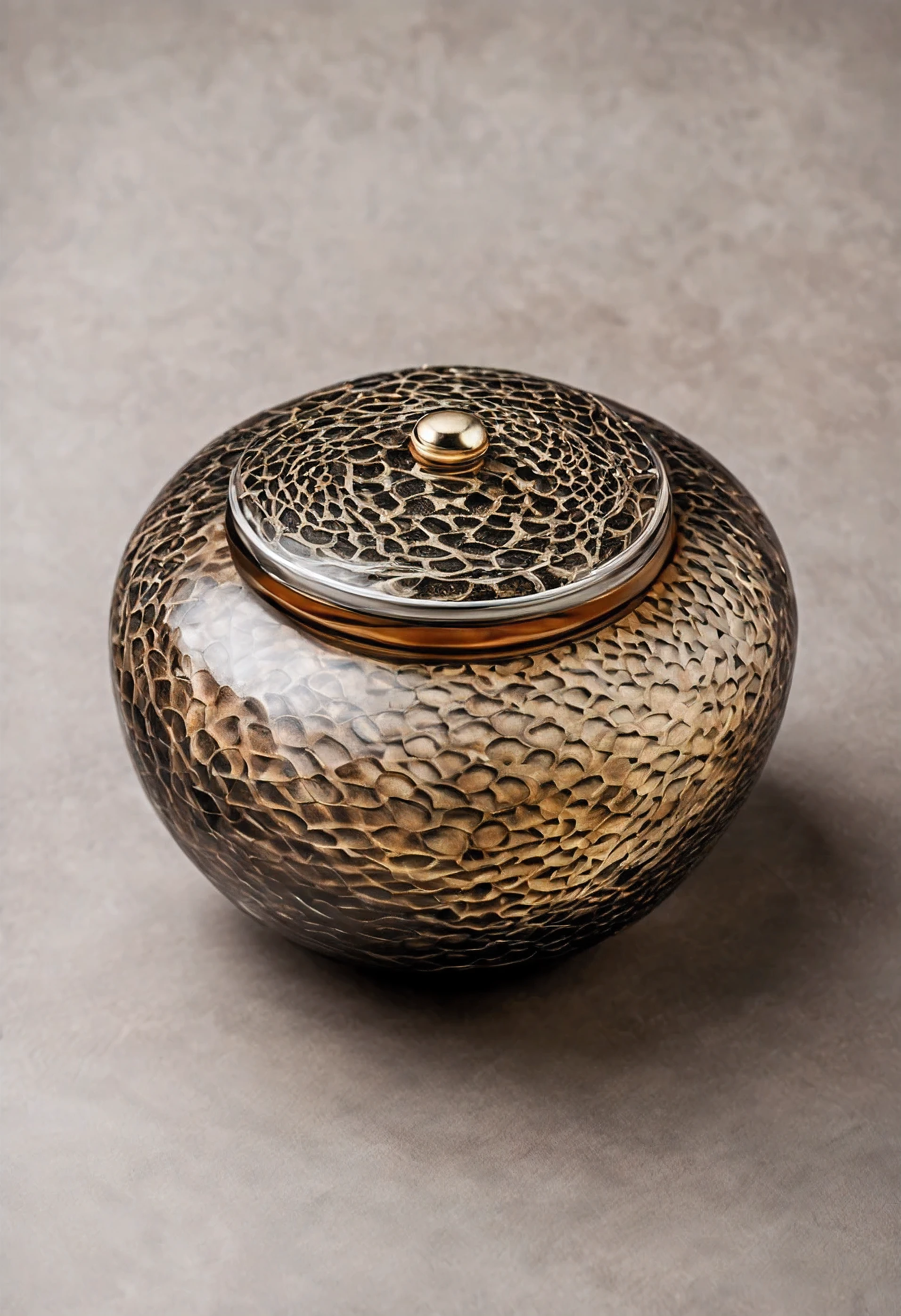A glass incense jar with a unique design that imitates the effect of burnt snakeskin.. The jar is designed to look like traditional incense holders., pero su superficie tiene una textura intrincada que se asemeja a las escamas de una serpiente con la cara carbonizada., efecto quemado. This gives the bottle an exotic and striking appearance... The texture is detailed., mostrando variaciones en color y profundidad, muy parecido a la piel de serpiente quemada real. El frasco incluye una tapa con aberturas para permitir que escape el humo del incienso.. The bottle is placed on a neutral background to emphasize its unique design.. The image is captured in high resolution photography., resaltando los intrincados detalles y el contraste del efecto de piel de serpiente quemada en la superficie del vidrio.