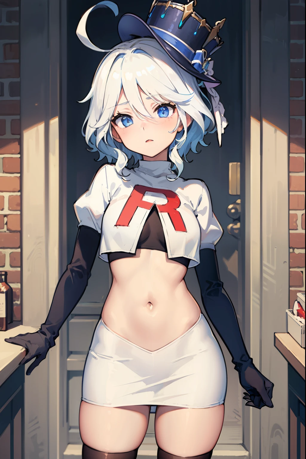 ((masterpiece,best quality)), 1girl, furina, heterochromia, short hair, blue hat, team rocket,team rocket uniform,red letter R, white skirt,crop top, black thigh-highs,black elbow gloves,