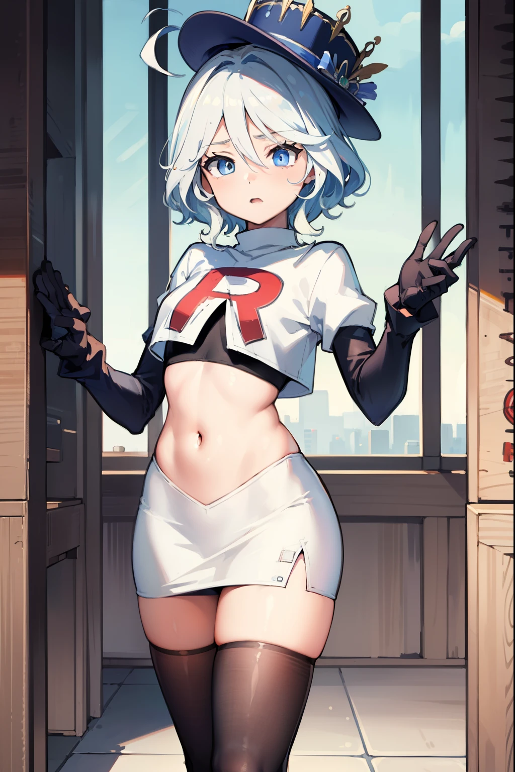 ((masterpiece,best quality)), 1girl, furina, heterochromia, short hair, blue hat, team rocket,team rocket uniform,red letter R, white skirt,crop top, black thigh-highs,black elbow gloves,