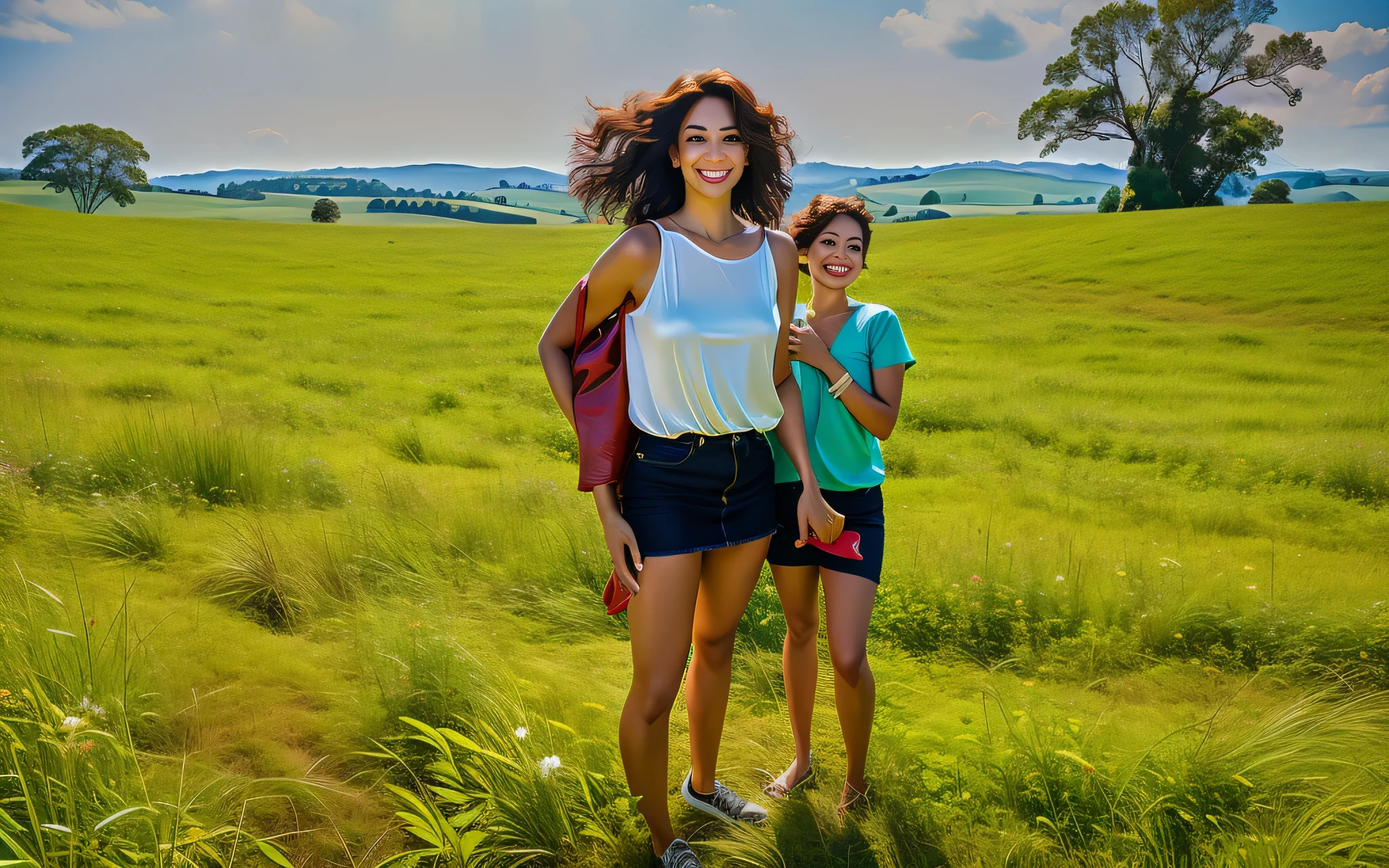 there are two women standing no campo with a , em um grande campo gramado verde, 3 Brazilian mother of 5 years, em um campo verde aberto, no meio de um campo, no campo, na zona rural, pose divertida, em um campo gramado , em uma colina verde, em um campo de grama, cena maravilhosa. Uma mulher com pele branca e cabelos escuros. ela tem cerca de 35 anos. Her slightly plump, red lips are like a delicate flower, o marrom escuro dela, olhos grandes e encantadores parecem conter um mundo de maravilhas. Corpo fino. cintura fina. Your body exudes glamor and your face is the definition of beauty. Teste, altamente realista, Pele avermelhada, lindo, slightly full lips, batom vermelho, sorridente, feeling of lightness and joy, hiperrealismo, pele muito elaborada, olhar direto. foto de corpo inteiro, foto clara, alta qualidade, high resolution, obra de arte, 8K.