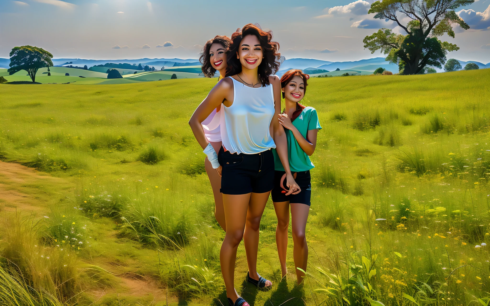 there are two women standing no campo with a , em um grande campo gramado verde, 3 Brazilian mother of 5 years, em um campo verde aberto, no meio de um campo, no campo, na zona rural, pose divertida, em um campo gramado , em uma colina verde, em um campo de grama, cena maravilhosa. Uma mulher com pele branca e cabelos escuros. ela tem cerca de 35 anos. Her slightly plump, red lips are like a delicate flower, o marrom escuro dela, olhos grandes e encantadores parecem conter um mundo de maravilhas. Corpo fino. cintura fina. Your body exudes glamor and your face is the definition of beauty. Teste, altamente realista, Pele avermelhada, lindo, slightly full lips, batom vermelho, sorridente, feeling of lightness and joy, hiperrealismo, pele muito elaborada, olhar direto. foto de corpo inteiro, foto clara, alta qualidade, high resolution, obra de arte, 8K.