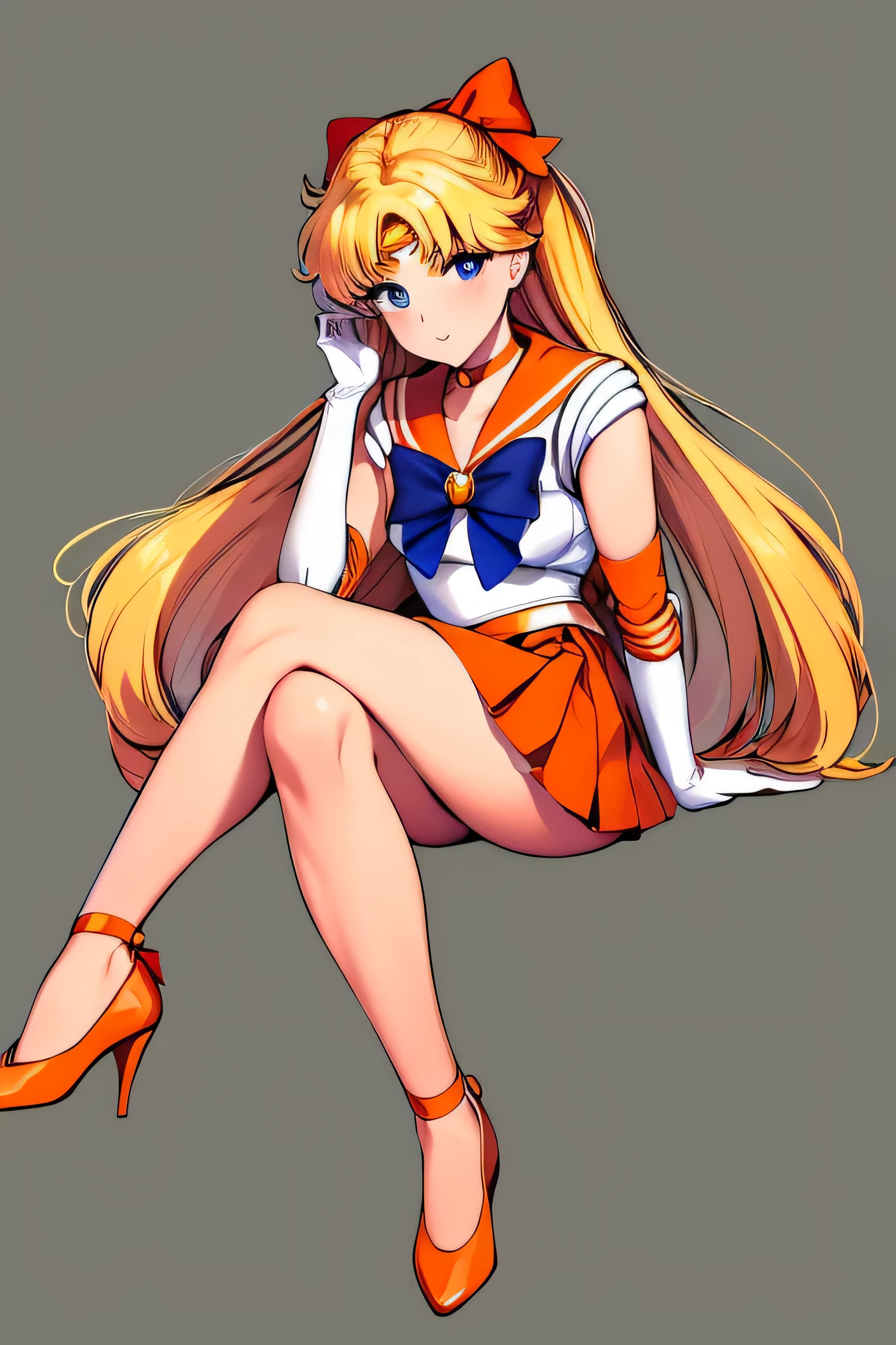 Obra maestra, Mejor calidad, high resolution, sv1, Uniforme Marinero Senshi, falda naranja, Guantes de codo, Tiara, cuello marinero naranja, Arco rojo, Gargantilla Naranja, guantes blancos, joyas, (1990s \(Estilo\):0.9), Detalle de cara, session, piernas cruzadas , MOSTRAR BOTIN, venus marinero rubio, minako aino