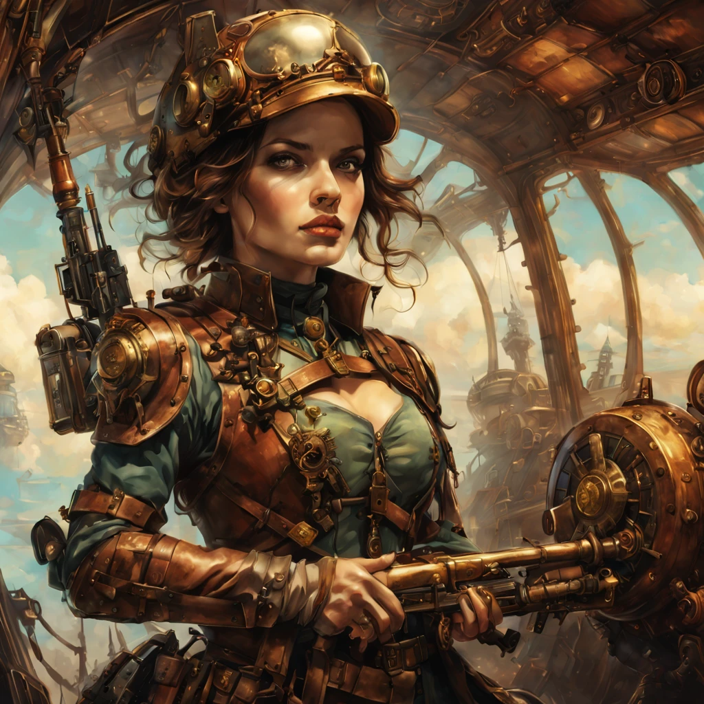 Steampunk a woman soldier with her weapon in an airship, illustration by Alessandro 'Talexi' Taini, in DreamWorks Animation Wonderland Stylized watercolor visuals, ultra detailed art, complex Illustration by Tran Nguyen Jeremy Mann Frank Frazetta Carne Griffiths, WLOP, Intricate, Complex contrast, HDR, Sharp, soft Cinematic Volumetric lighting, vibrant colours, wide 