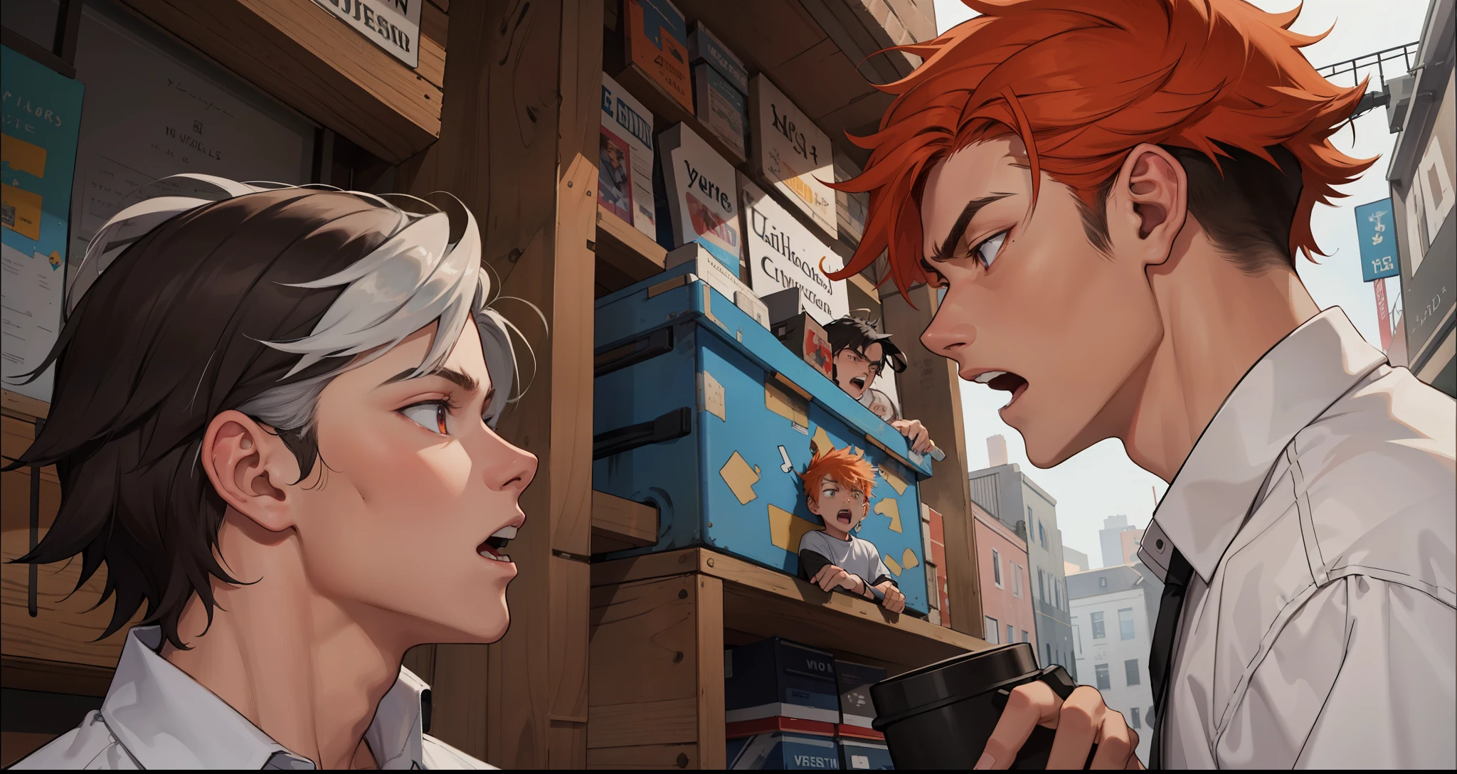 There are two 17-year-olds arguing, they are a little upset, one has white hair, the other has orange hair, and is serious. A 15-year-old boy argues with his friend, his hair is violet, yells at him, hits him in the face.