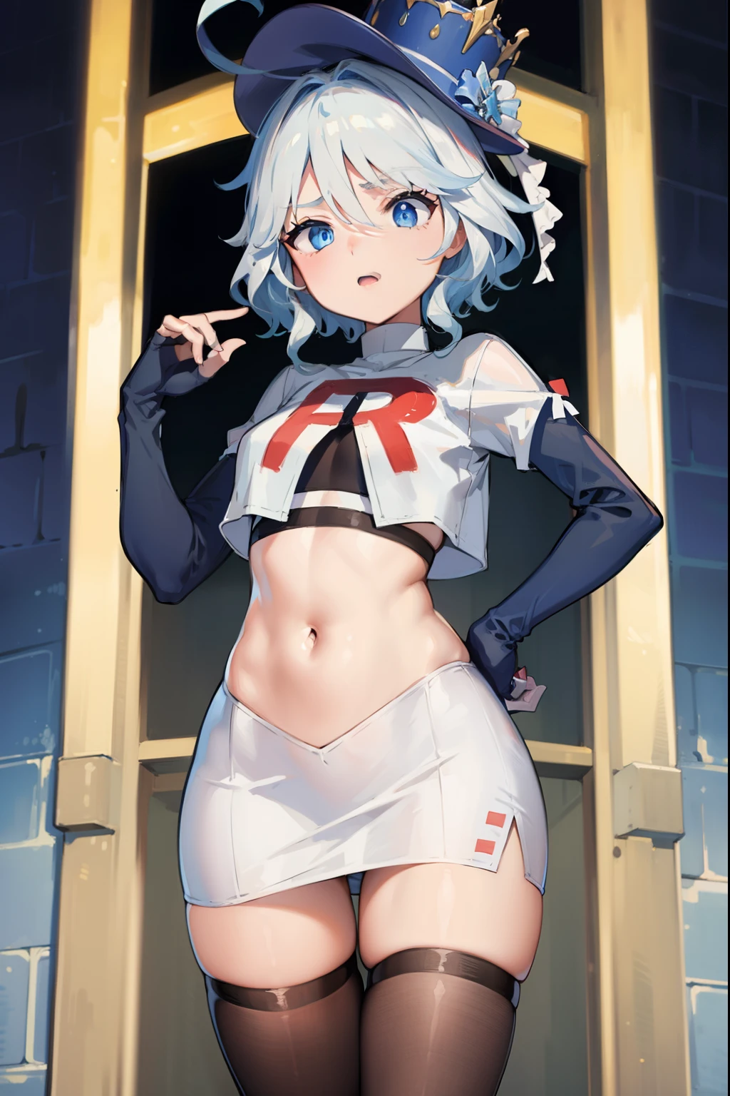 ((masterpiece,best quality)), 1girl, furina, heterochromia, short hair, blue hat, team rocket,team rocket uniform,red letter R, white skirt,crop top, black thigh-highs,black elbow gloves,