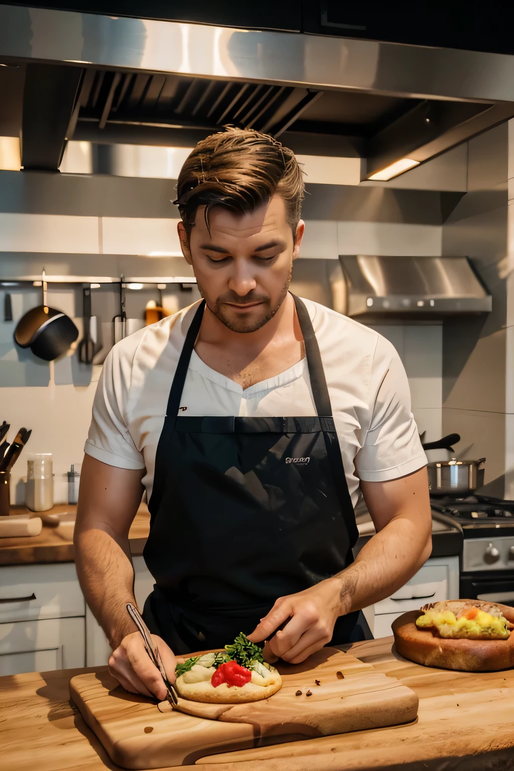 a man in an apron preparing food on a cutting board, gourmet cooking, food commercial 4 k, food stylist, cooking show, professional food photography, professional food photo, high quality food photography, culinary art photography, chef table, 4k food photography, 4 k food photography, food photography 4 k, cooking, food particles, food photography, best chef, food styling