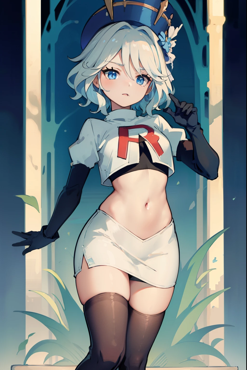 ((masterpiece,best quality)), 1girl, furina, heterochromia, short hair, blue hat, team rocket,team rocket uniform,red letter R, white skirt,crop top, black thigh-highs,black elbow gloves,