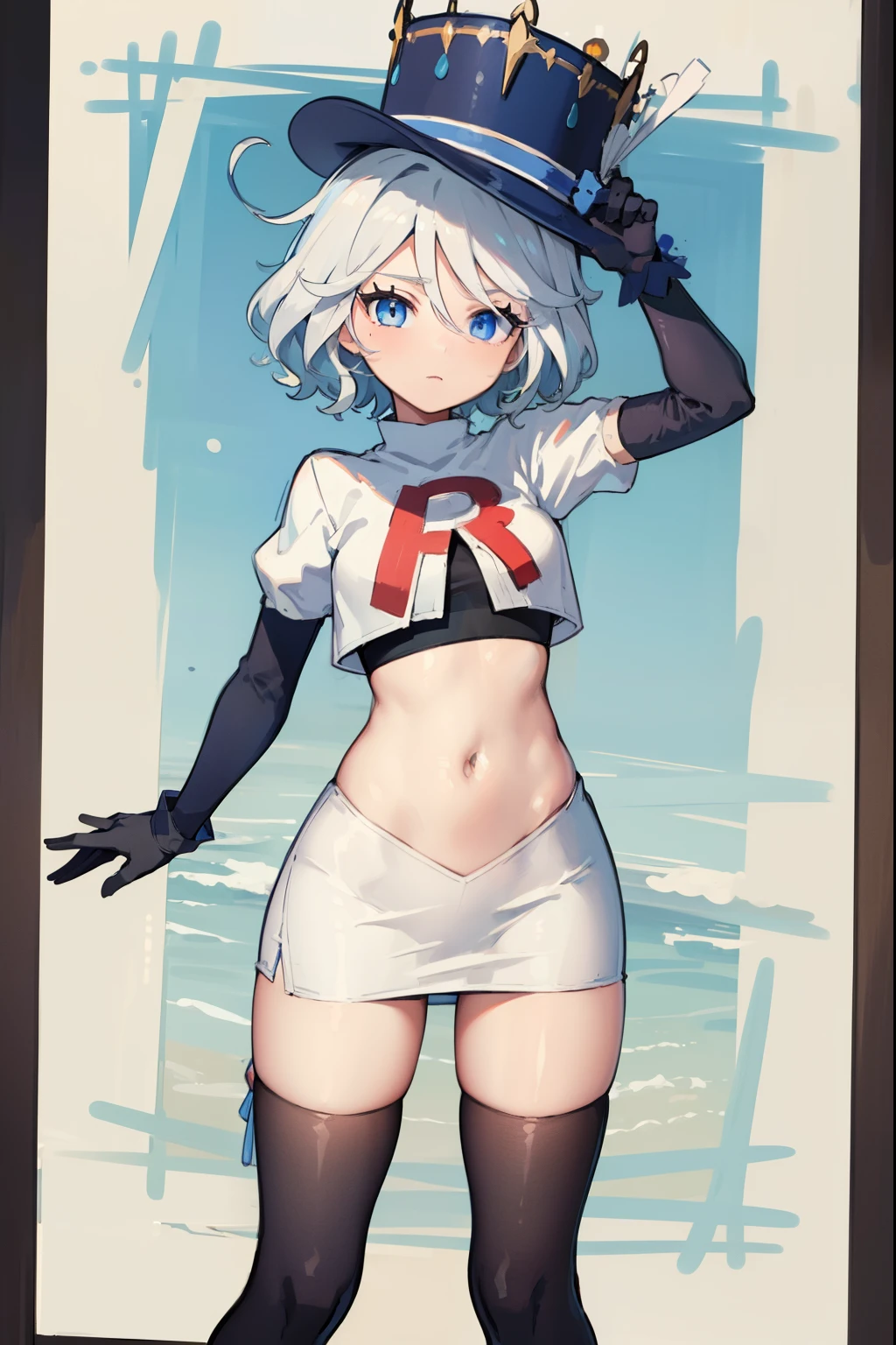 ((masterpiece,best quality)), 1girl, furina, heterochromia, short hair, blue hat, team rocket,team rocket uniform,red letter R, white skirt,crop top, black thigh-highs,black elbow gloves,