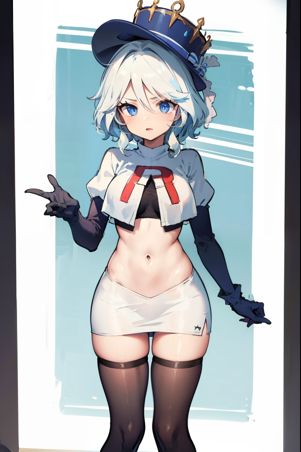 ((masterpiece,best quality)), 1girl, furina, heterochromia, short hair, blue hat, team rocket,team rocket uniform,red letter R, white skirt,crop top, black thigh-highs,black elbow gloves,