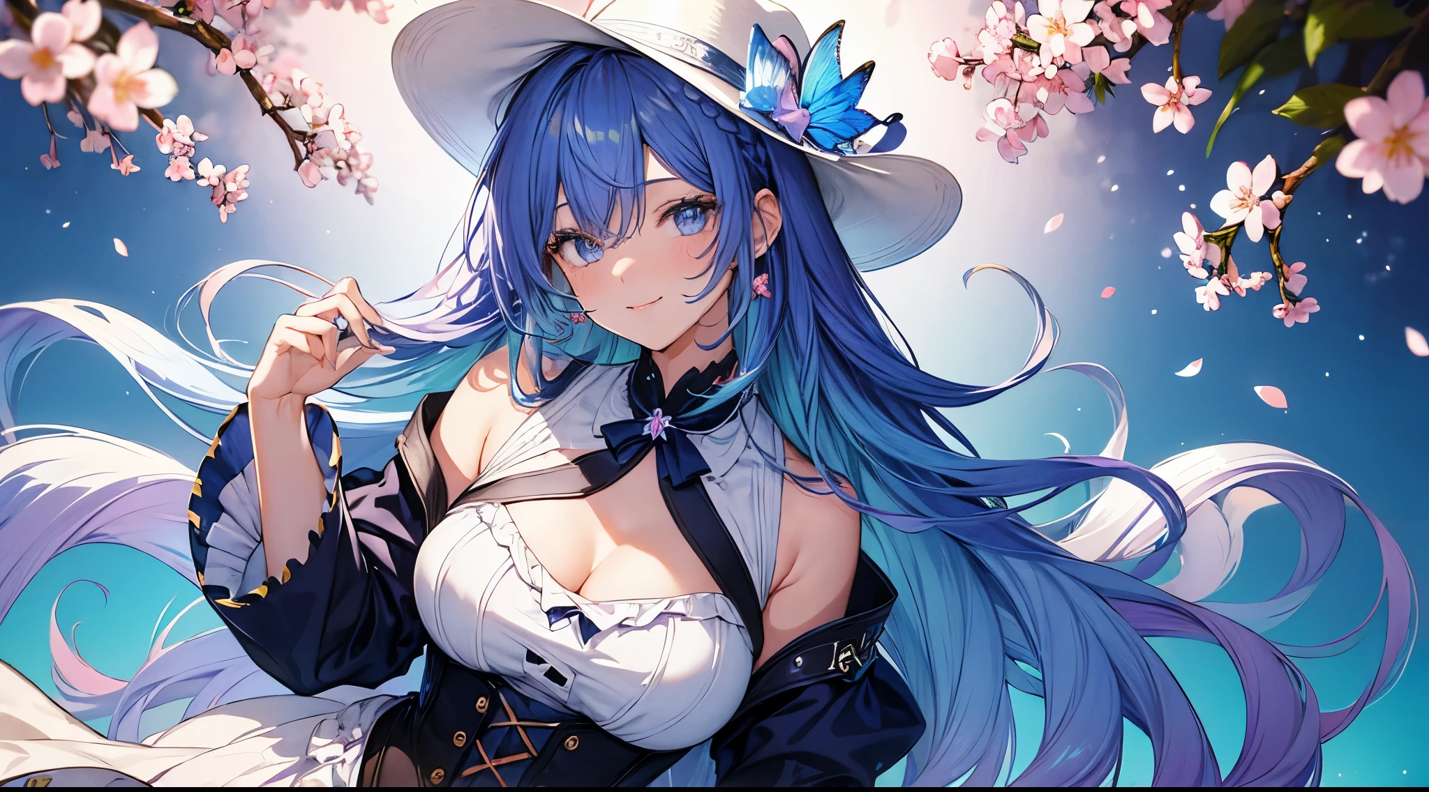 (gradient hair:1.6), dutch angle, film grain, chromatic aberration, starry sky, masterpiece, best quality, raw photo, photorealistic, absurdres, 1girl, cute, perspective, cowboy shot, highres, ultra detailed, finely detail, detailed eyes and face, sharp pupils, realistic pupils, sharp focus, summer, (white long dress:0.6), smiling at viewer Hearts, cute women with blue and purple hair, blue eyes, multicolored butterflies, water, cherry blossoms, large breasts, curvy figure, wearing a white cowboy hat