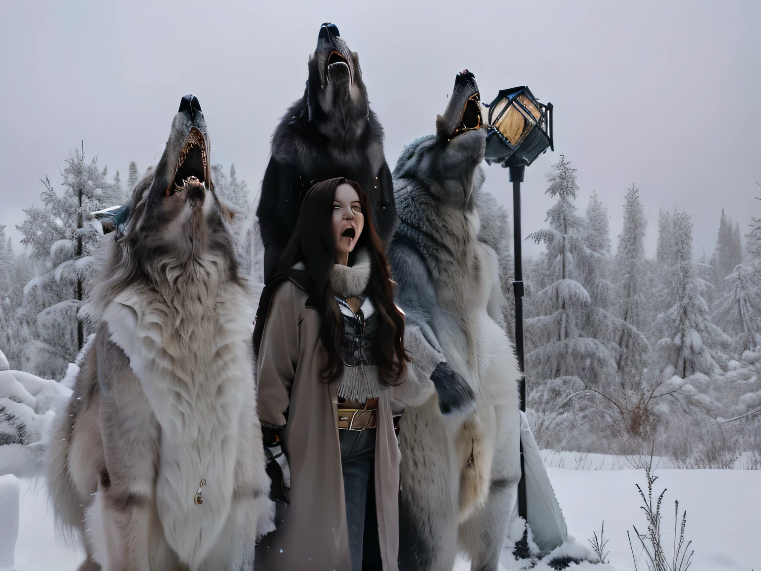 (there is a woman standing between 2 werewolves howling), female anthropomorphic wolves, photo real, hyper real winter scene, heavy winter aesthetics, an anthropomorphic wolf, (2 arctic wolves howling with a woman between them)