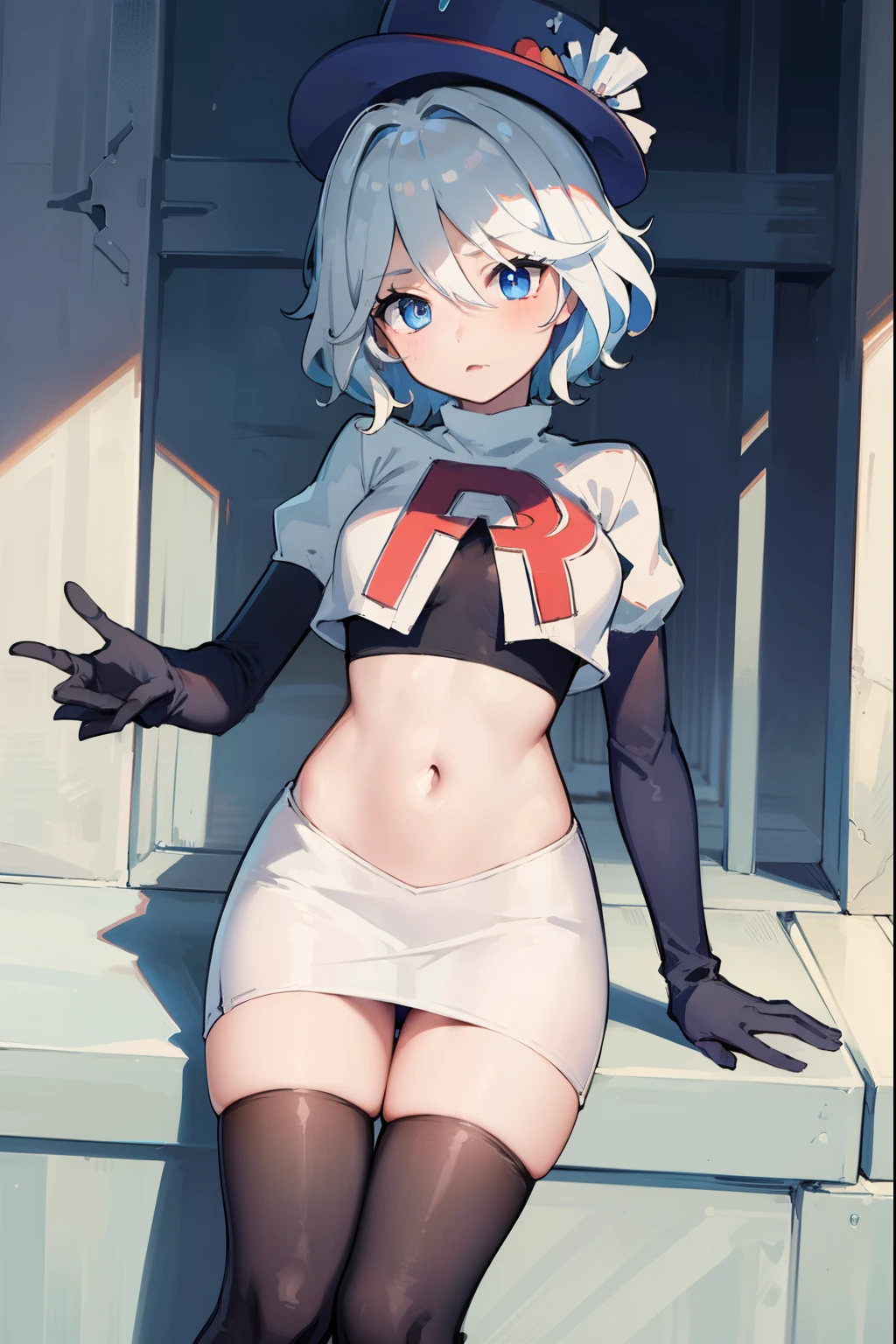 ((masterpiece,best quality)), 1girl, furina, heterochromia, short hair, blue hat, team rocket,team rocket uniform,red letter R, white skirt,crop top, black thigh-highs,black elbow gloves,