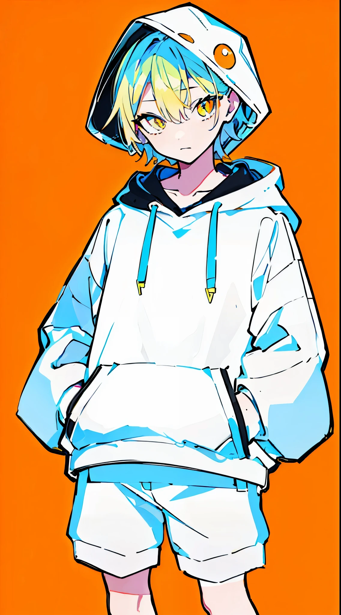 (masterpiece, highest quality:1.6), alone, thick outline, (simple background, bright orange background, monochrome, beautiful orange theme:1.2), official art, Key Visual, 8k, confused, whole body, (unique hair, oversized hoodie, hot pants, wearing a hood, arch back, short torso:1.2), belly button, thighs, cowboy shot, HDR, sharp focus, High resolution, most detailed, very detailed, Super detailed, finely, detailed eyes and face, sharp pupils, realistic student, alone, orange and white contrast ratio, alone, put one's hand in one's pocket