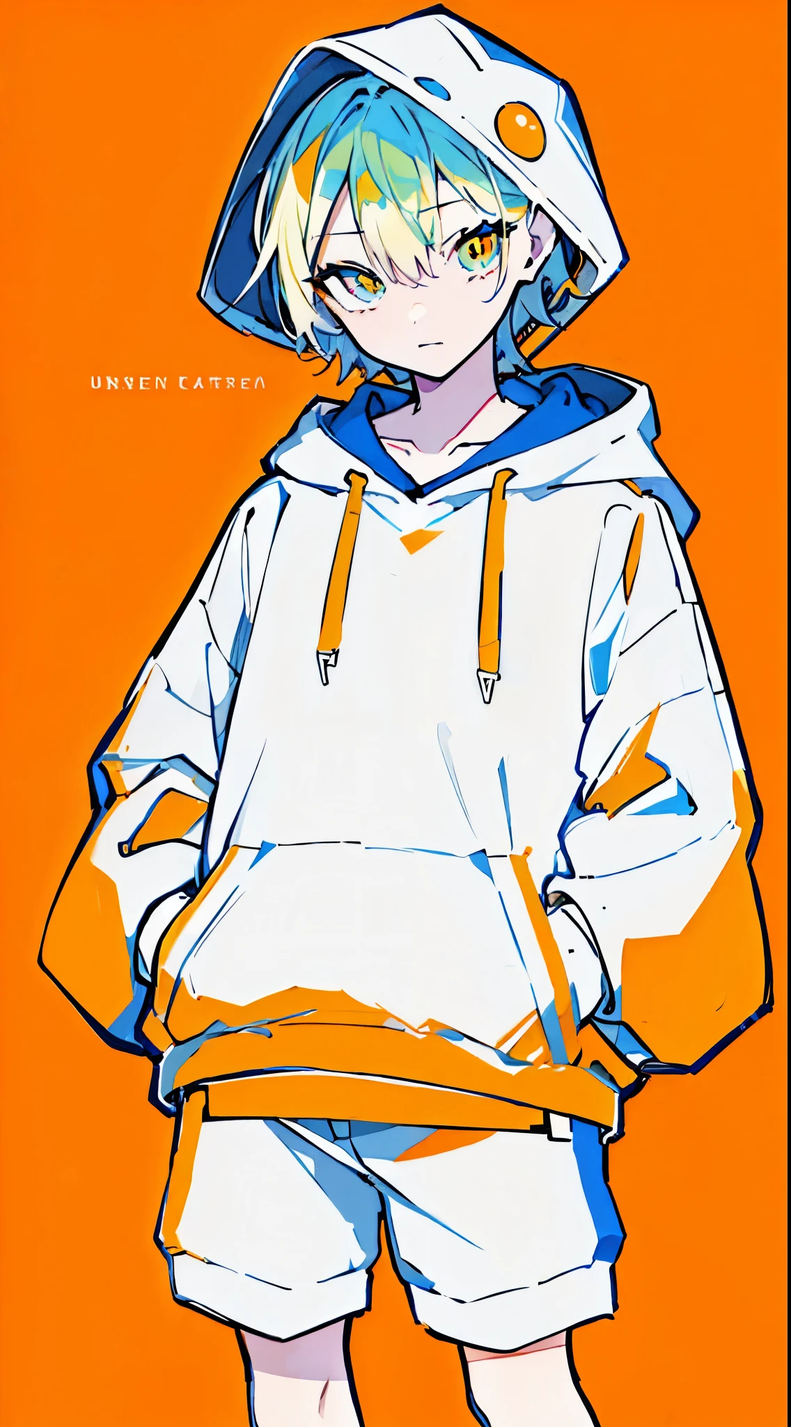 (masterpiece, highest quality:1.6), alone, thick outline, (simple background, bright orange background, monochrome, beautiful orange theme:1.2), official art, Key Visual, 8k, confused, whole body, (unique hair, oversized hoodie, hot pants, wearing a hood, arch back, short torso:1.2), belly button, thighs, cowboy shot, HDR, sharp focus, High resolution, most detailed, very detailed, Super detailed, finely, detailed eyes and face, sharp pupils, realistic student, alone, orange and white contrast ratio, alone, put one&#39;s hand in one&#39;s pocket