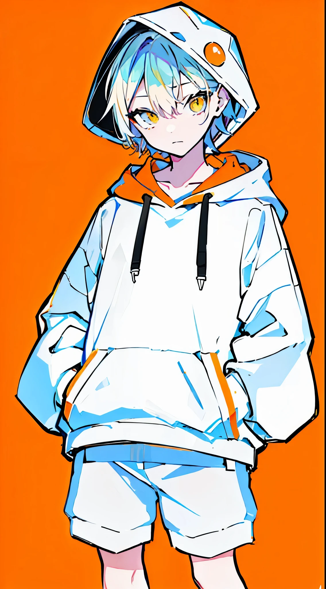 (masterpiece, highest quality:1.6), alone, thick outline, (simple background, bright orange background, monochrome, beautiful orange theme:1.2), official art, Key Visual, 8k, confused, whole body, (unique hair, oversized hoodie, hot pants, wearing a hood, arch back, short torso:1.2), belly button, thighs, cowboy shot, HDR, sharp focus, High resolution, most detailed, very detailed, Super detailed, finely, detailed eyes and face, sharp pupils, realistic student, alone, orange and white contrast ratio, alone, put one's hand in one's pocket